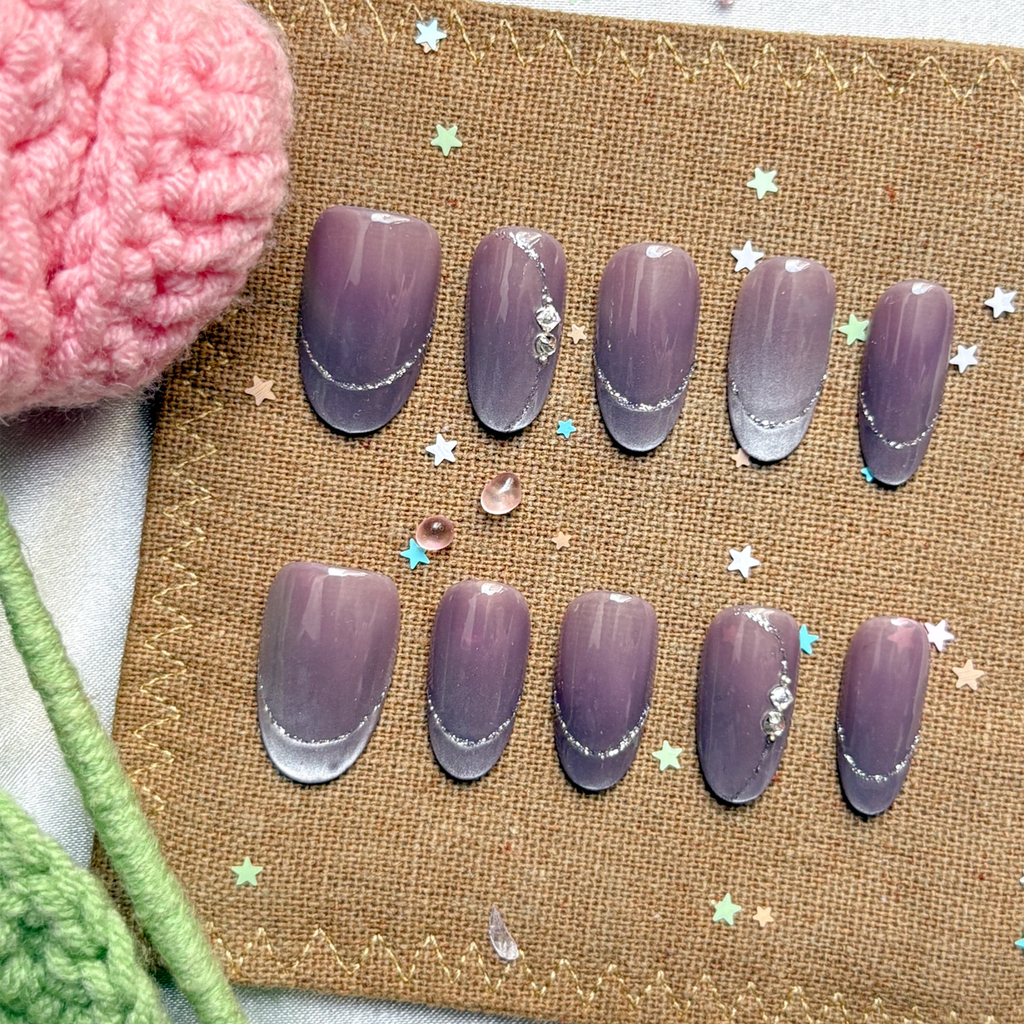 Custom Press-On Nails – Personalized Nude Lavender Ombre with Silver Glitter Swirl & Crystal Accent | Wynzy Pops Nails