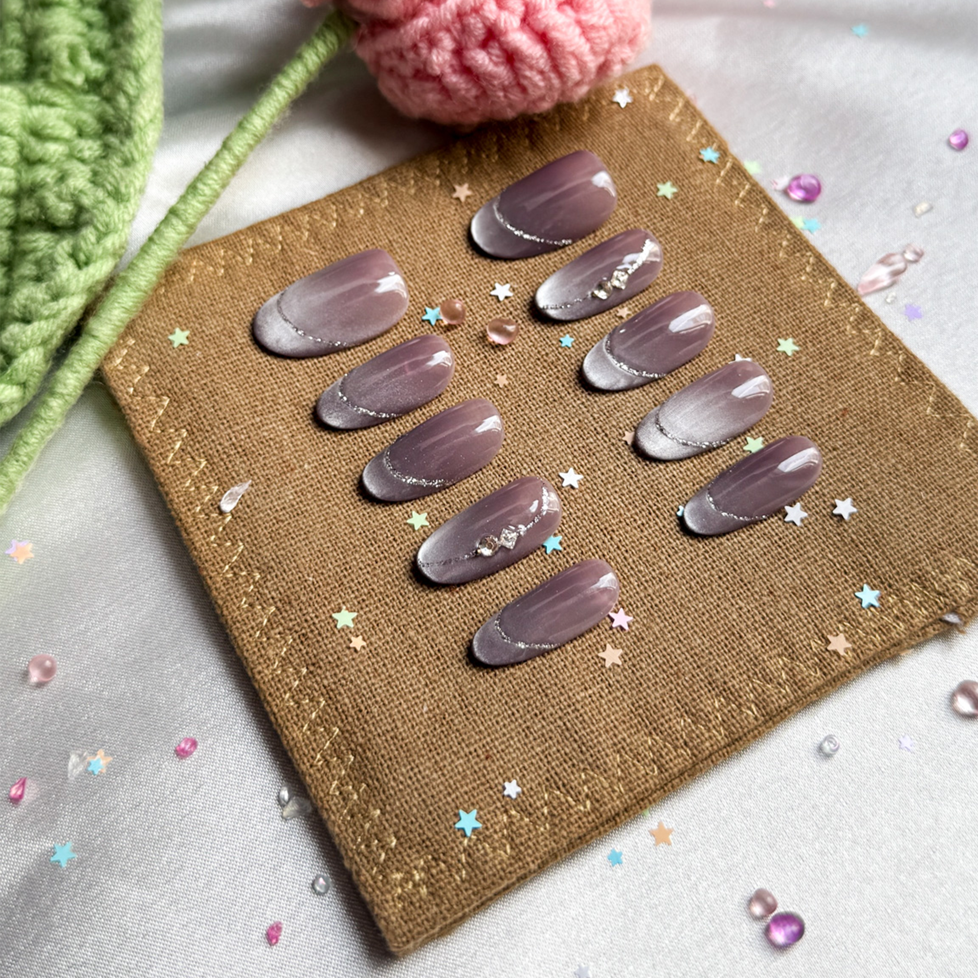 Custom Press-On Nails – Personalized Nude Lavender Ombre with Silver Glitter Swirl & Crystal Accent | Wynzy Pops Nails