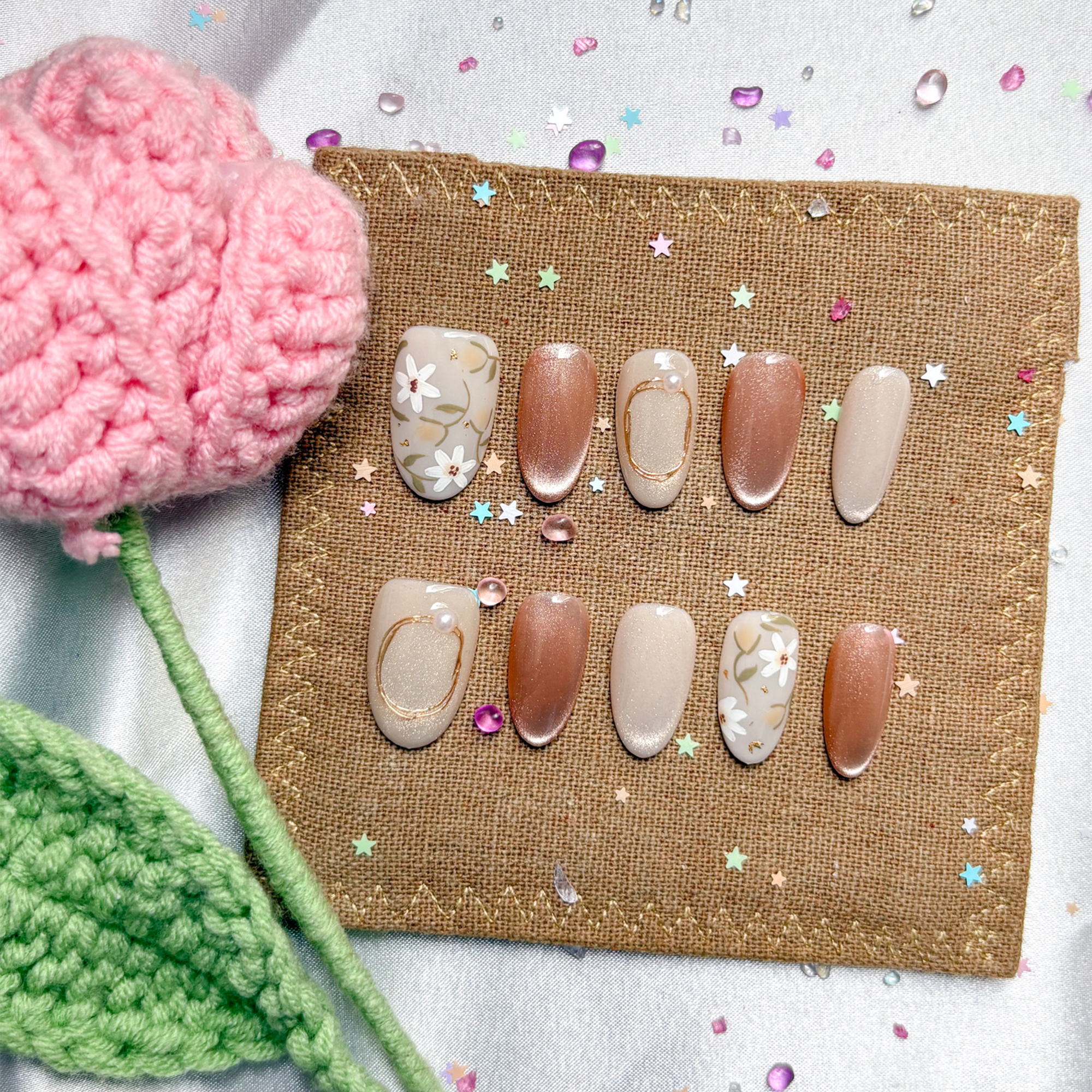 Personalized Nude Beige Press On Nails | White Floral Luxury Nail Art | Minimalist Trendy Handmade Gift for Women
