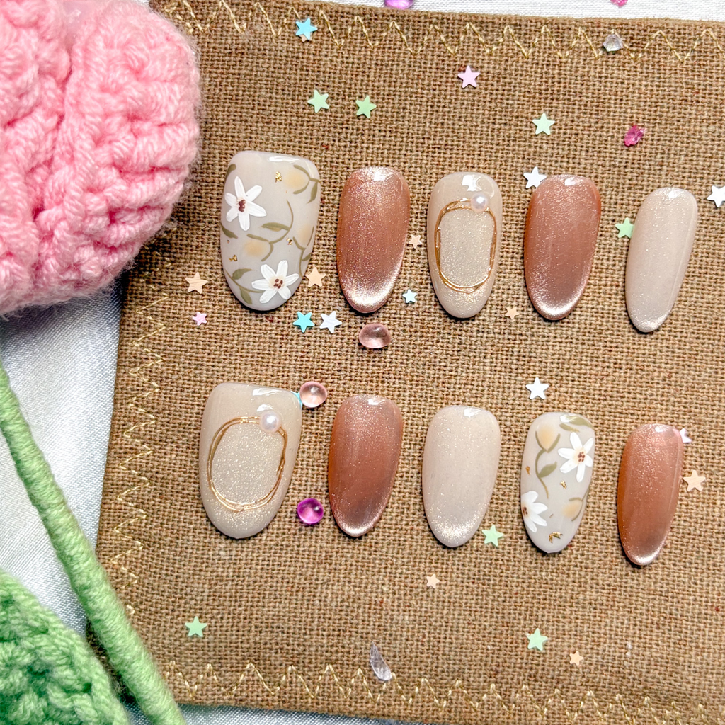 Personalized Nude Beige Press On Nails | White Floral Luxury Nail Art | Minimalist Trendy Handmade Gift for Women