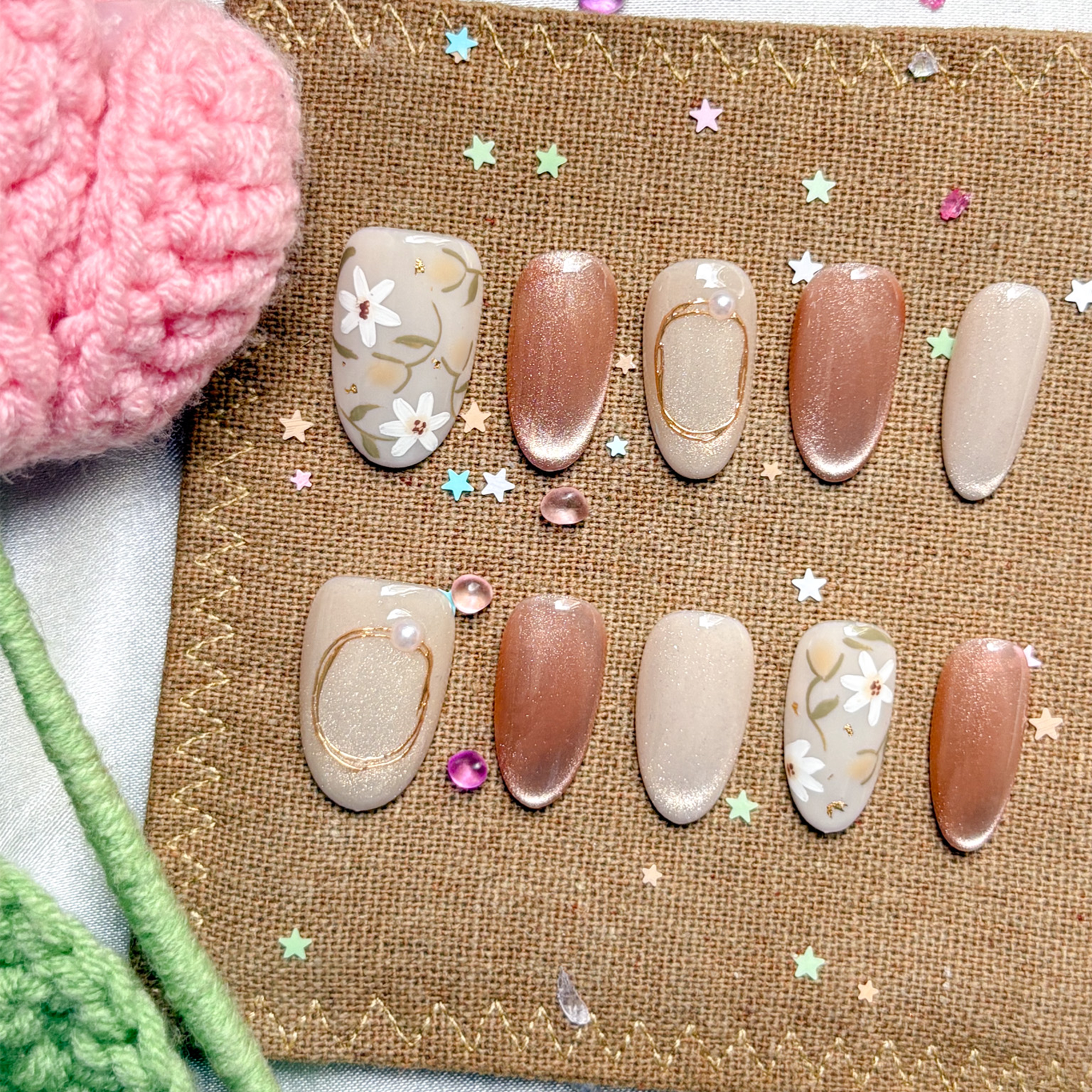 Personalized Nude Beige Press On Nails | White Floral Luxury Nail Art | Minimalist Trendy Handmade Gift for Women