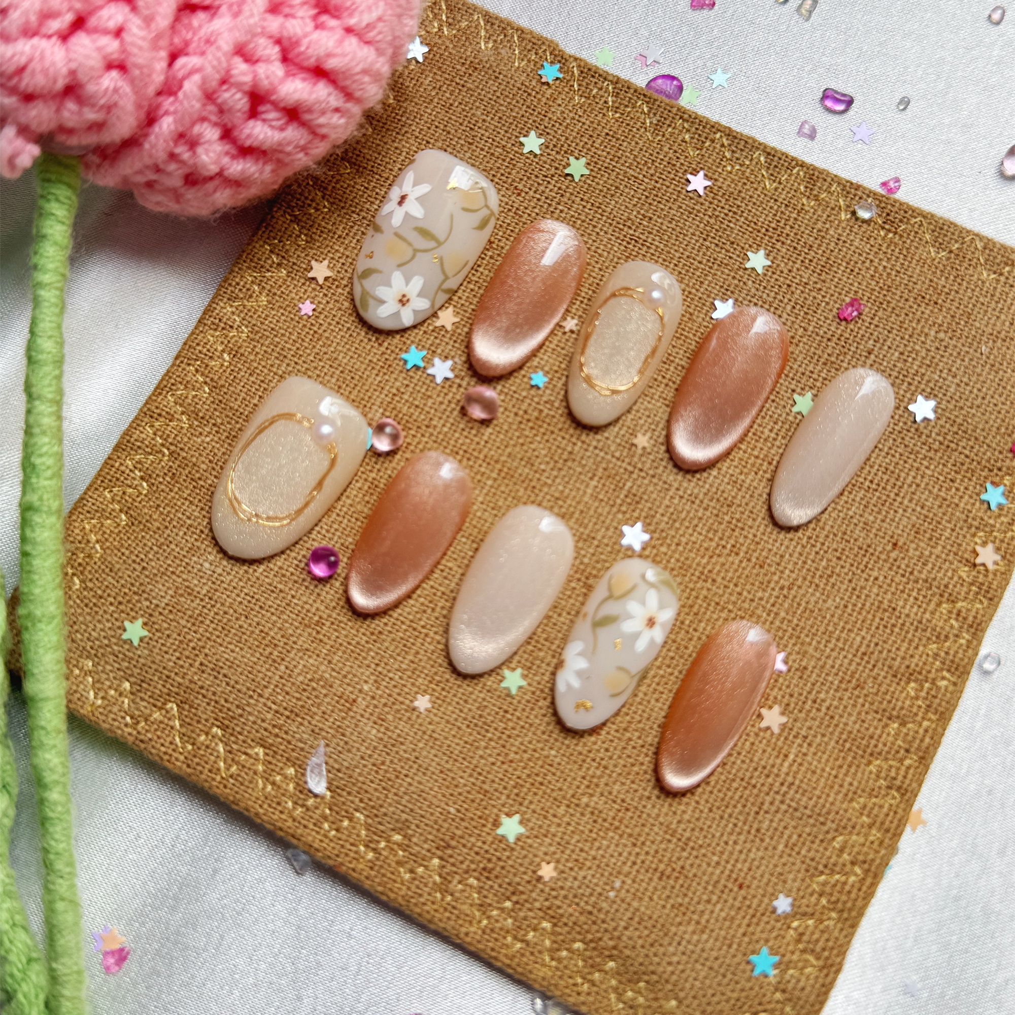 Personalized Nude Beige Press On Nails | White Floral Luxury Nail Art | Minimalist Trendy Handmade Gift for Women
