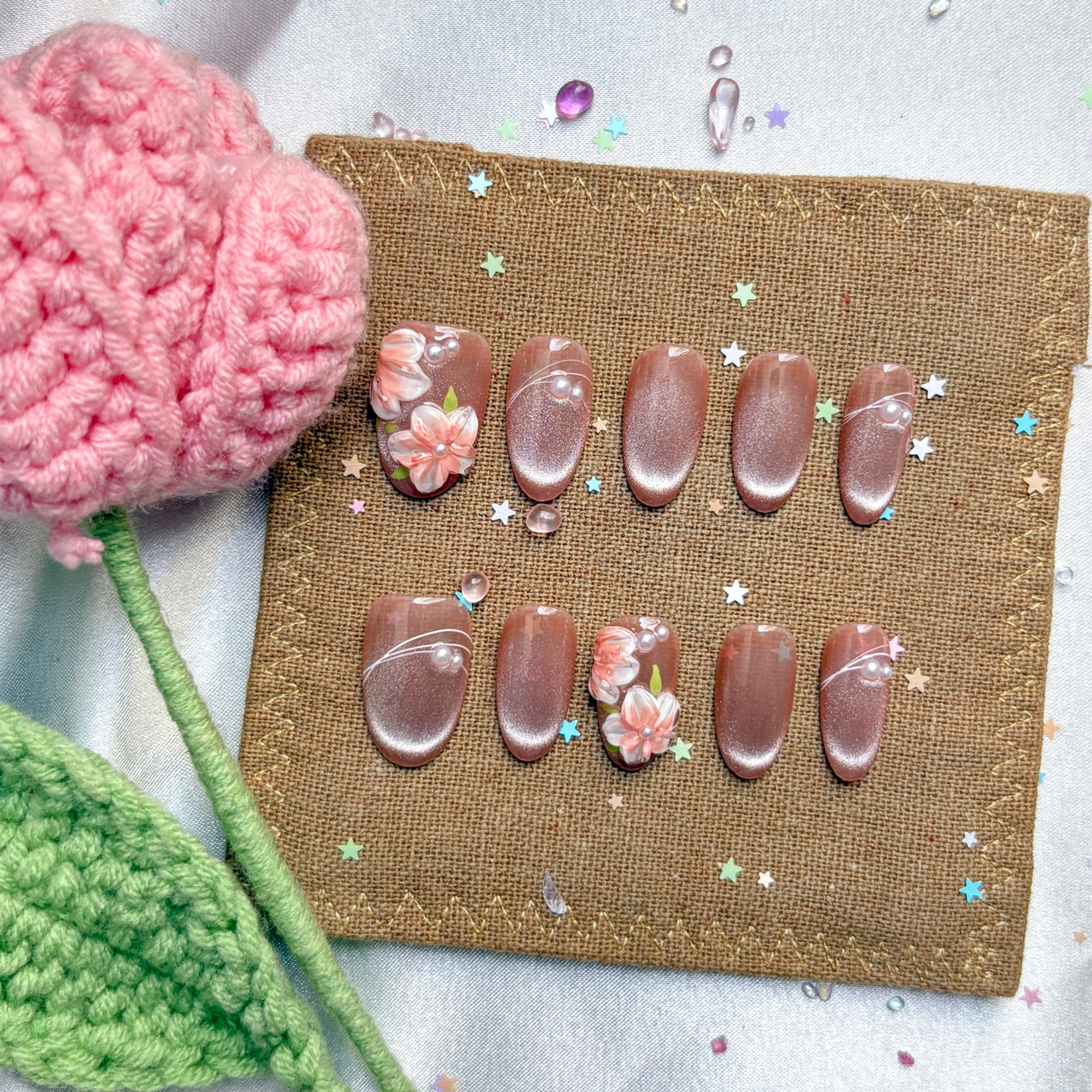 Custom Press-On Nails – Nude Cat Eye with 3D Floral & Pearl Accents | Elegant Wedding Set | Wynzy Pops Nails