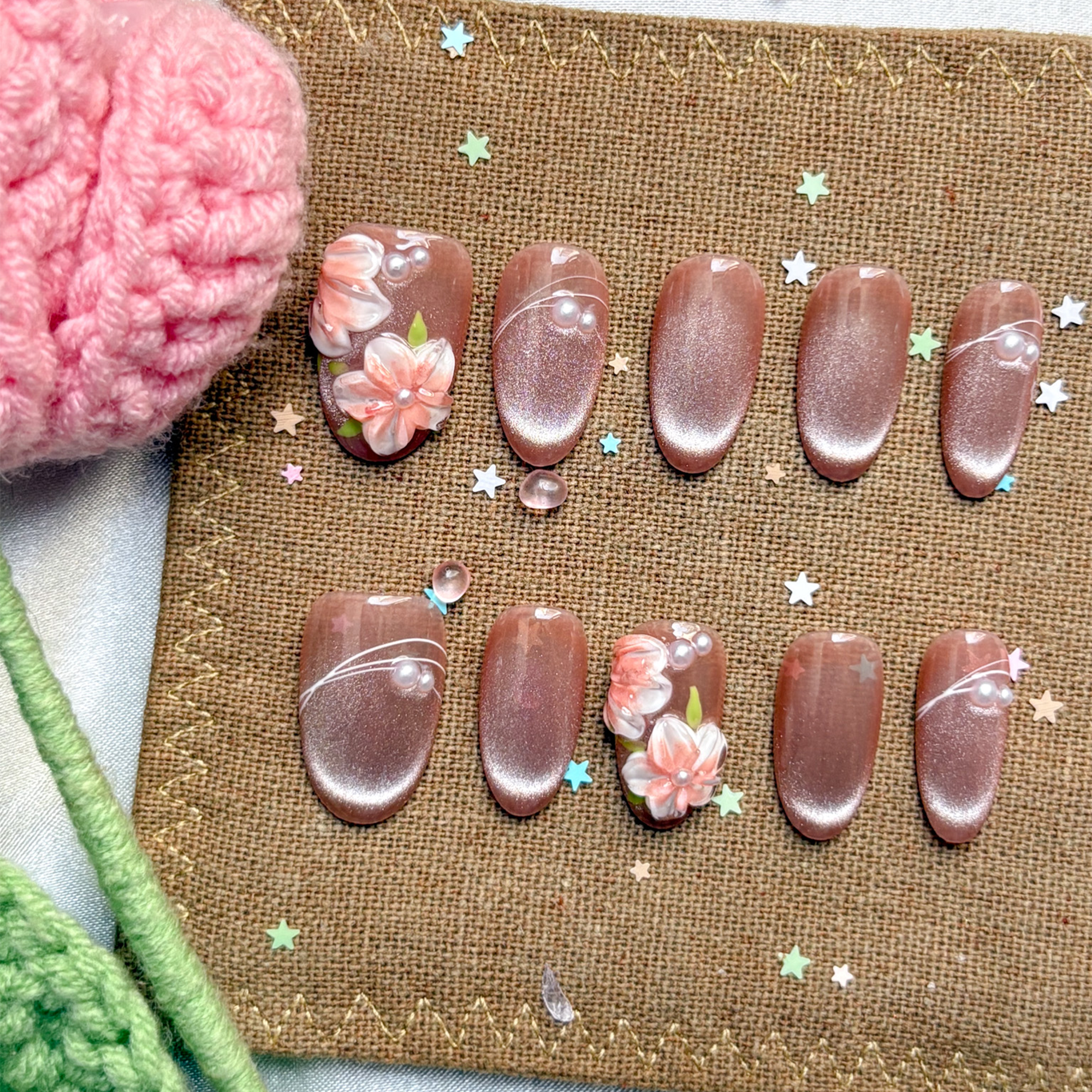 Custom Press-On Nails – Nude Cat Eye with 3D Floral & Pearl Accents | Elegant Wedding Set | Wynzy Pops Nails