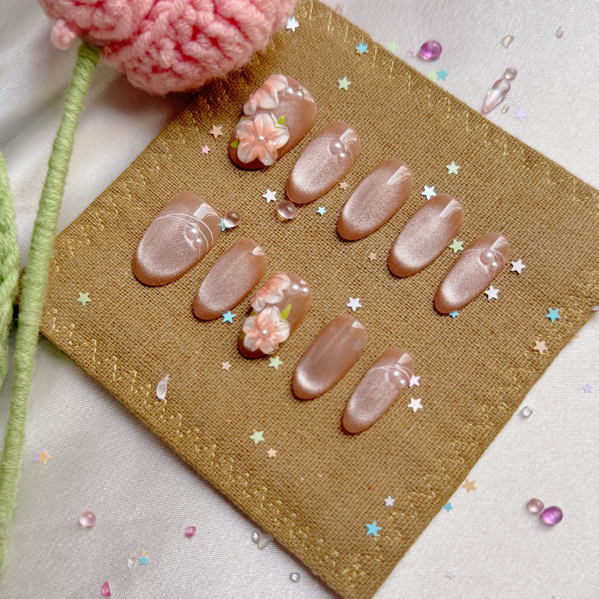 Custom Press-On Nails – Nude Cat Eye with 3D Floral & Pearl Accents | Elegant Wedding Set | Wynzy Pops Nails