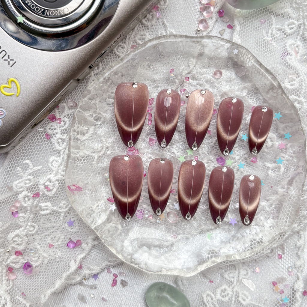 Custom Press-On Nails – Personalized Almond Shape with Purple Cat Eye French Tip & Rhinestones | Wynzy Pops Nails