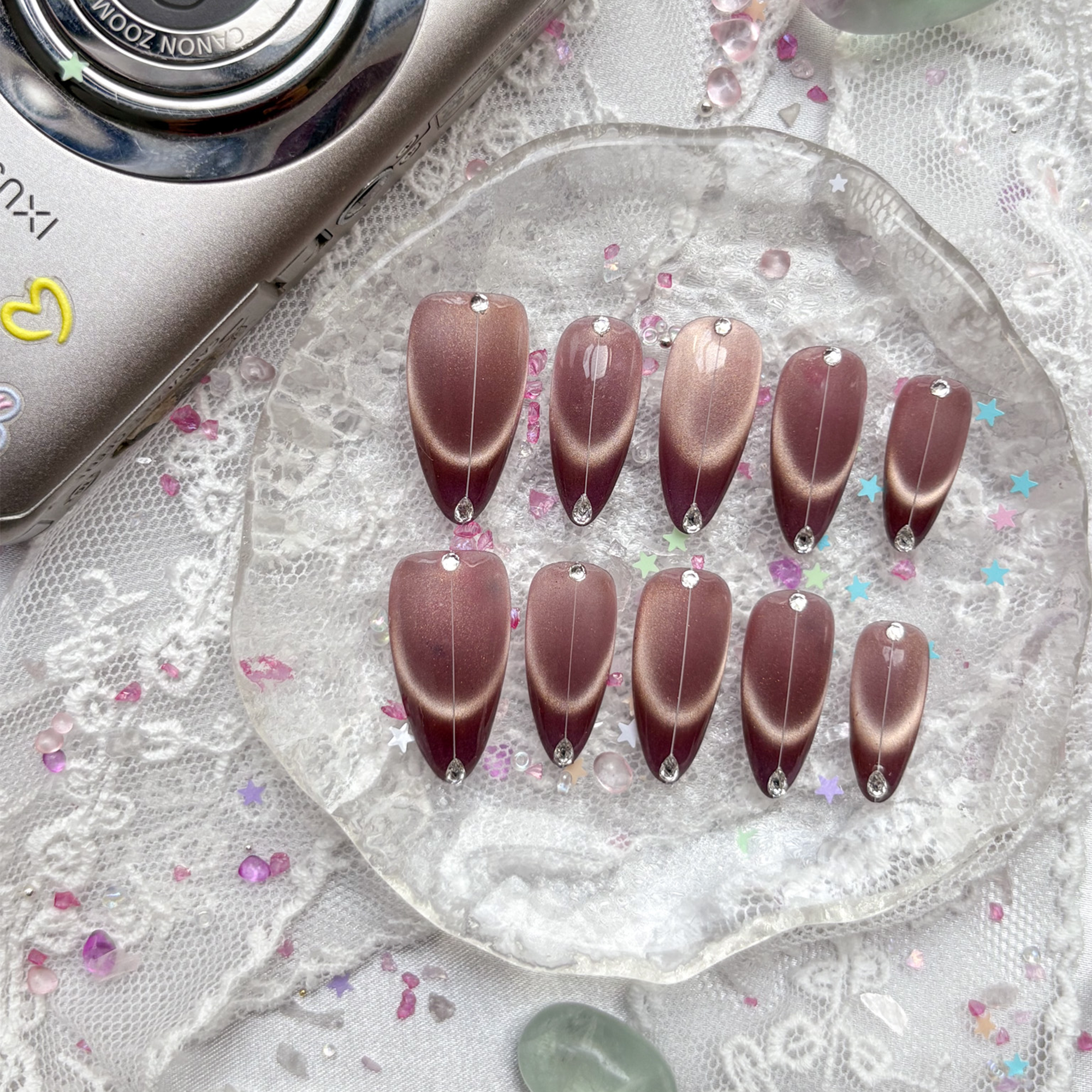 Custom Press-On Nails – Personalized Almond Shape with Purple Cat Eye French Tip & Rhinestones | Wynzy Pops Nails