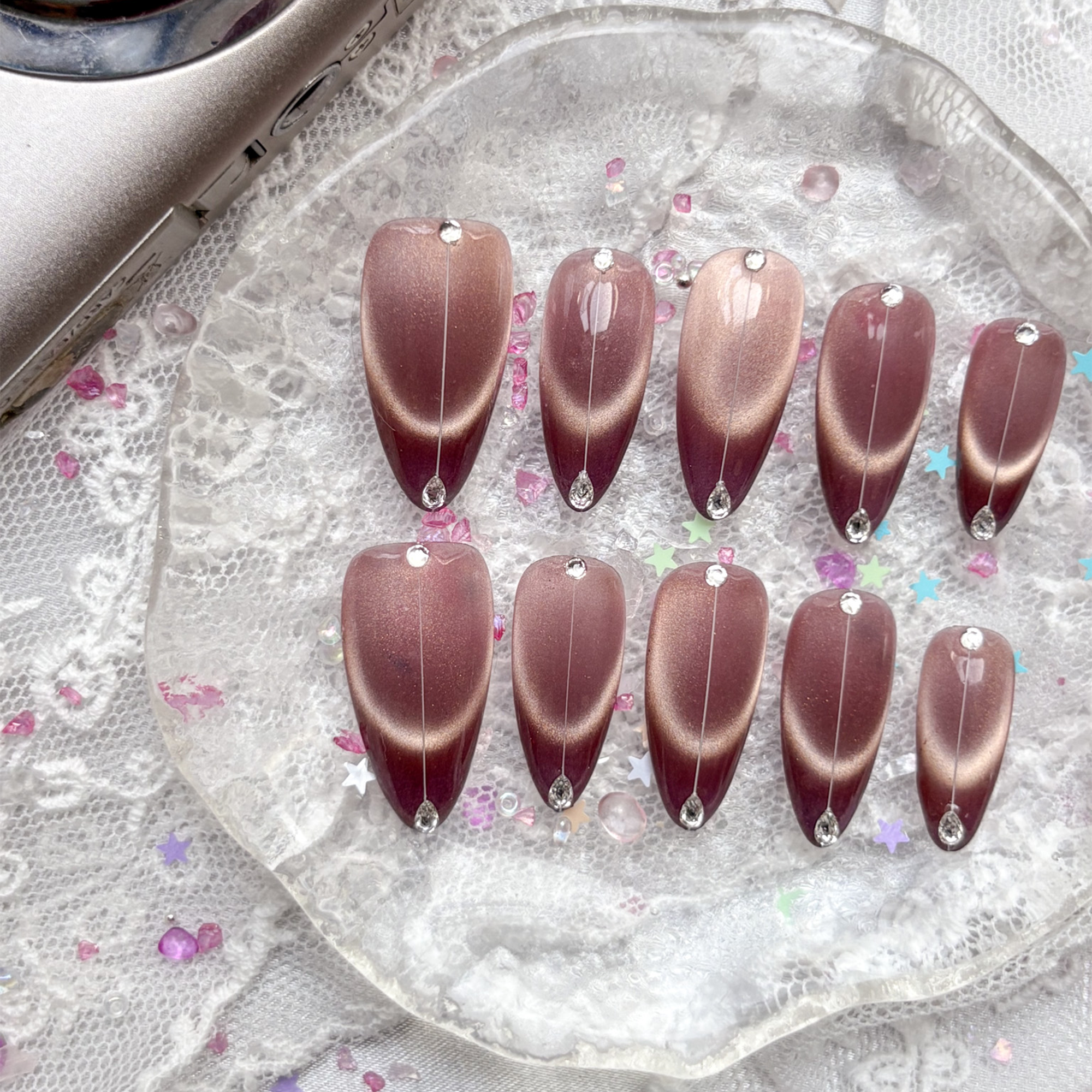 Custom Press-On Nails – Personalized Almond Shape with Purple Cat Eye French Tip & Rhinestones | Wynzy Pops Nails