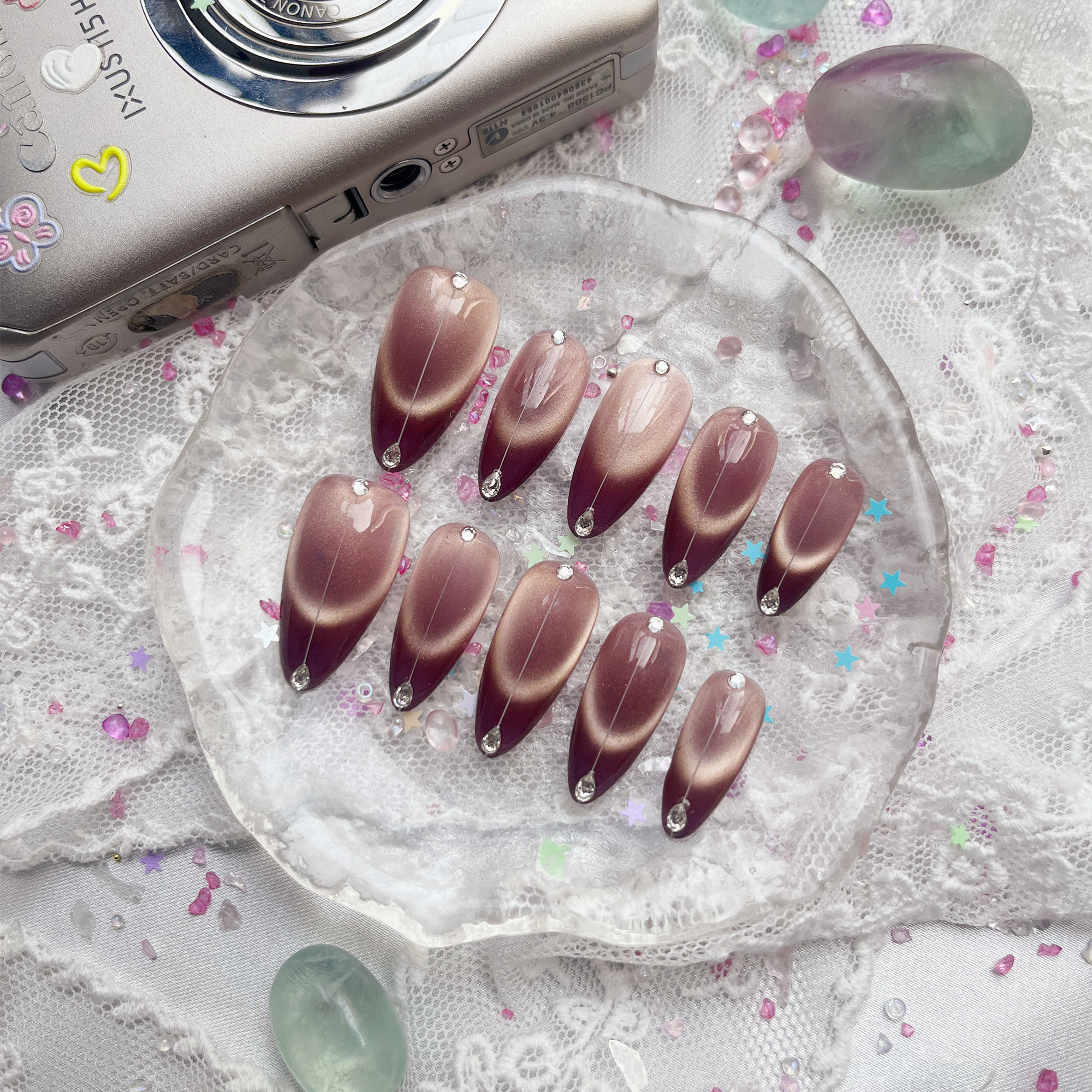 Custom Press-On Nails – Personalized Almond Shape with Purple Cat Eye French Tip & Rhinestones | Wynzy Pops Nails