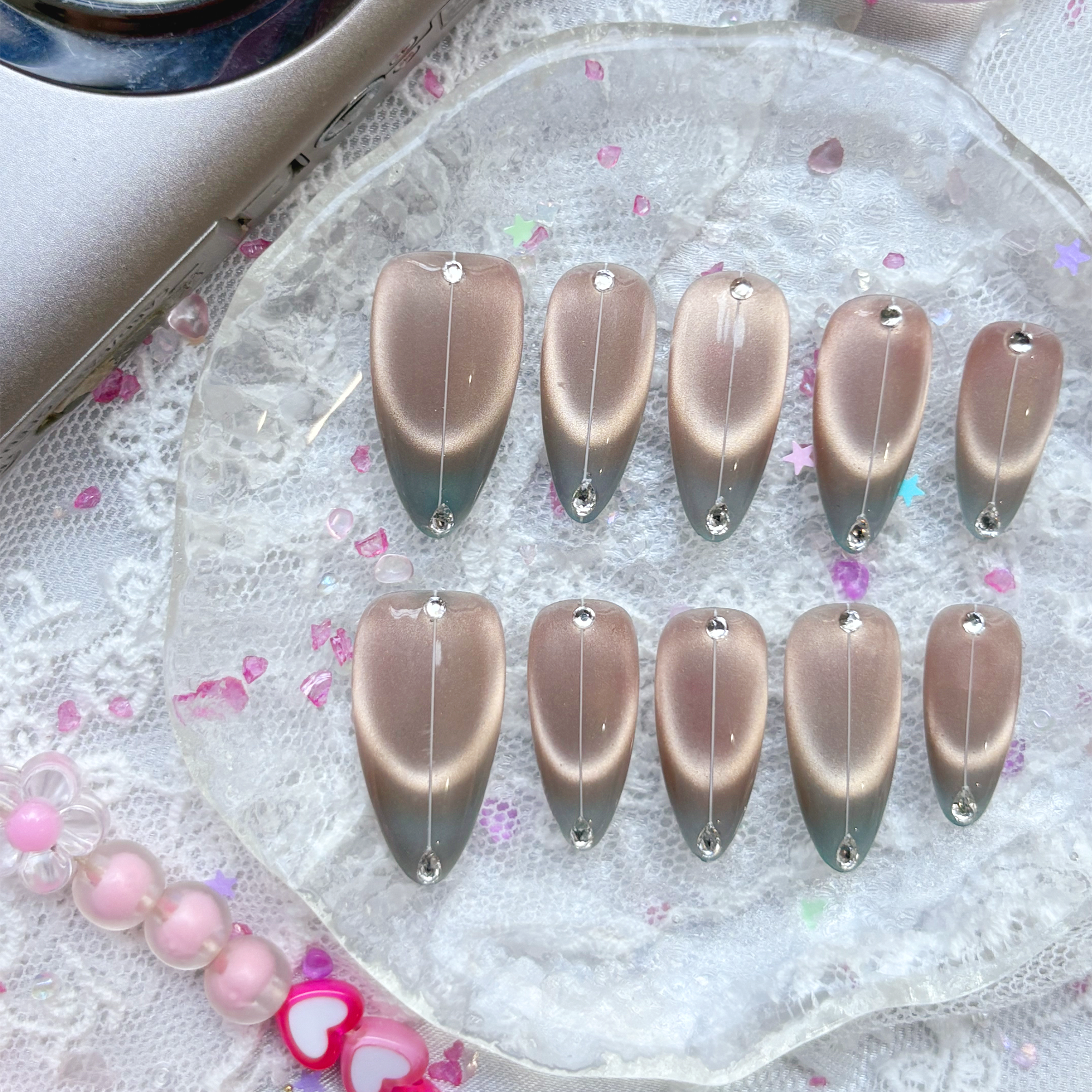 Personalized Gray Ombre Cat Eye Press On Nails – Rhinestone Stiletto Custom Set