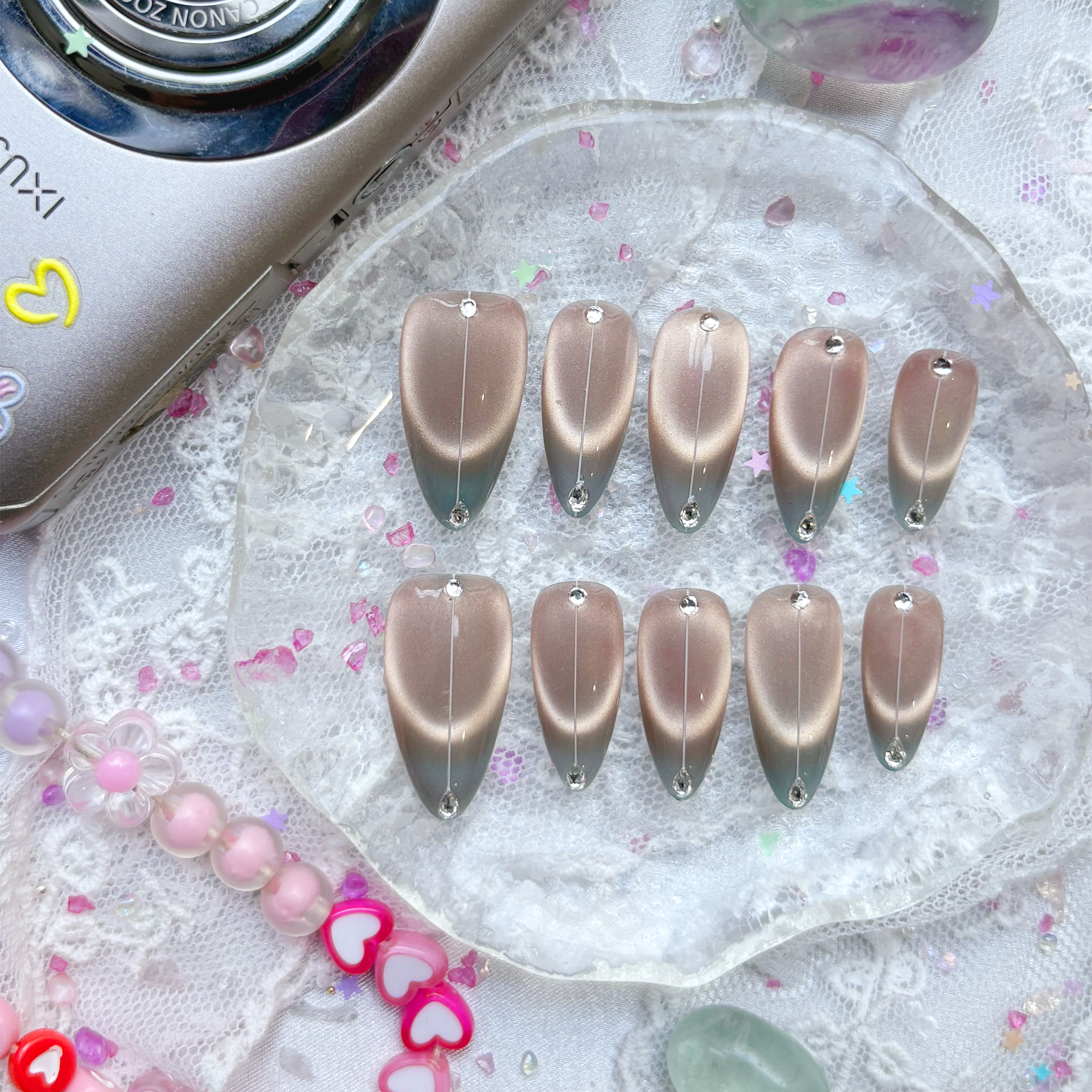 Personalized Gray Ombre Cat Eye Press On Nails – Rhinestone Stiletto Custom Set