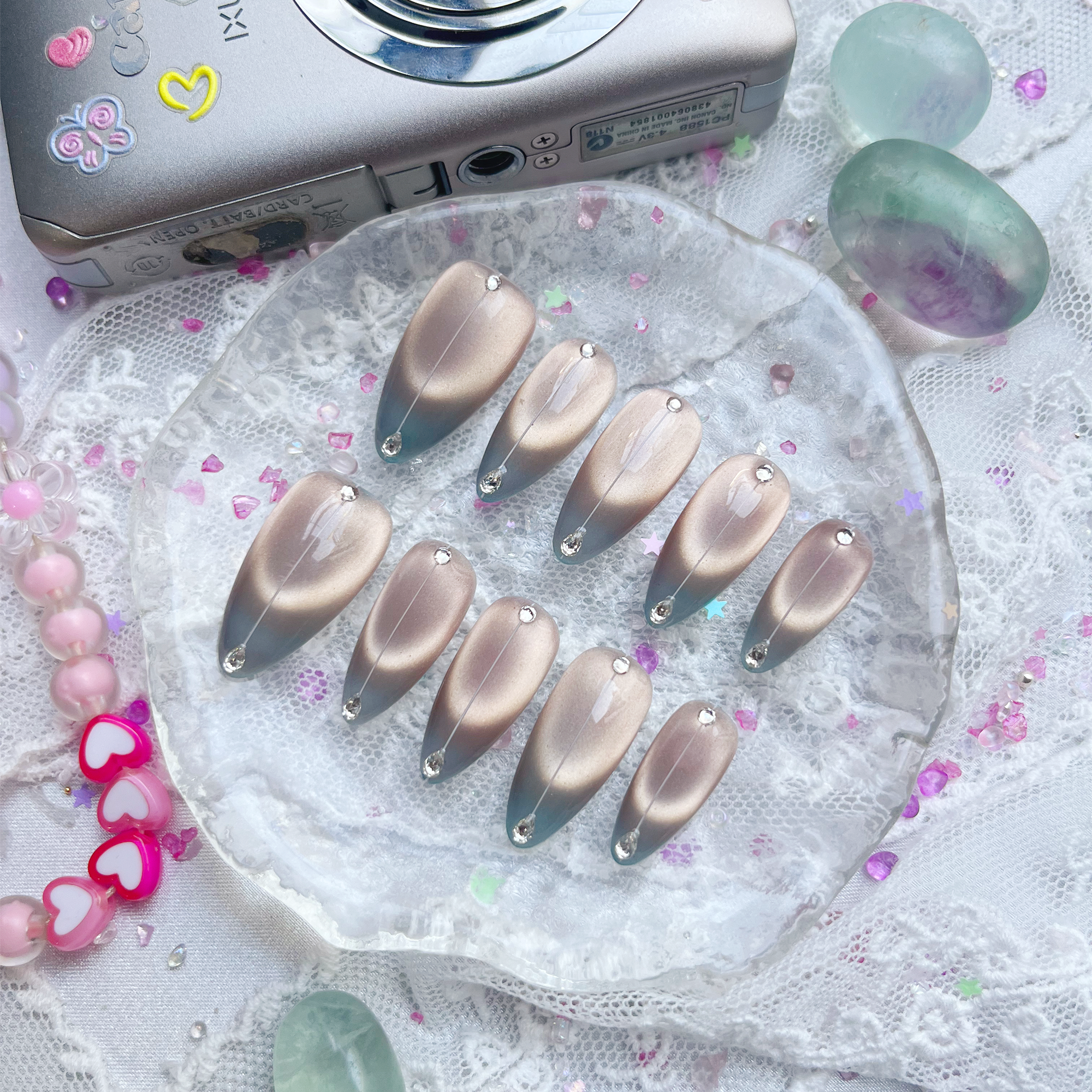 Personalized Gray Ombre Cat Eye Press On Nails – Rhinestone Stiletto Custom Set