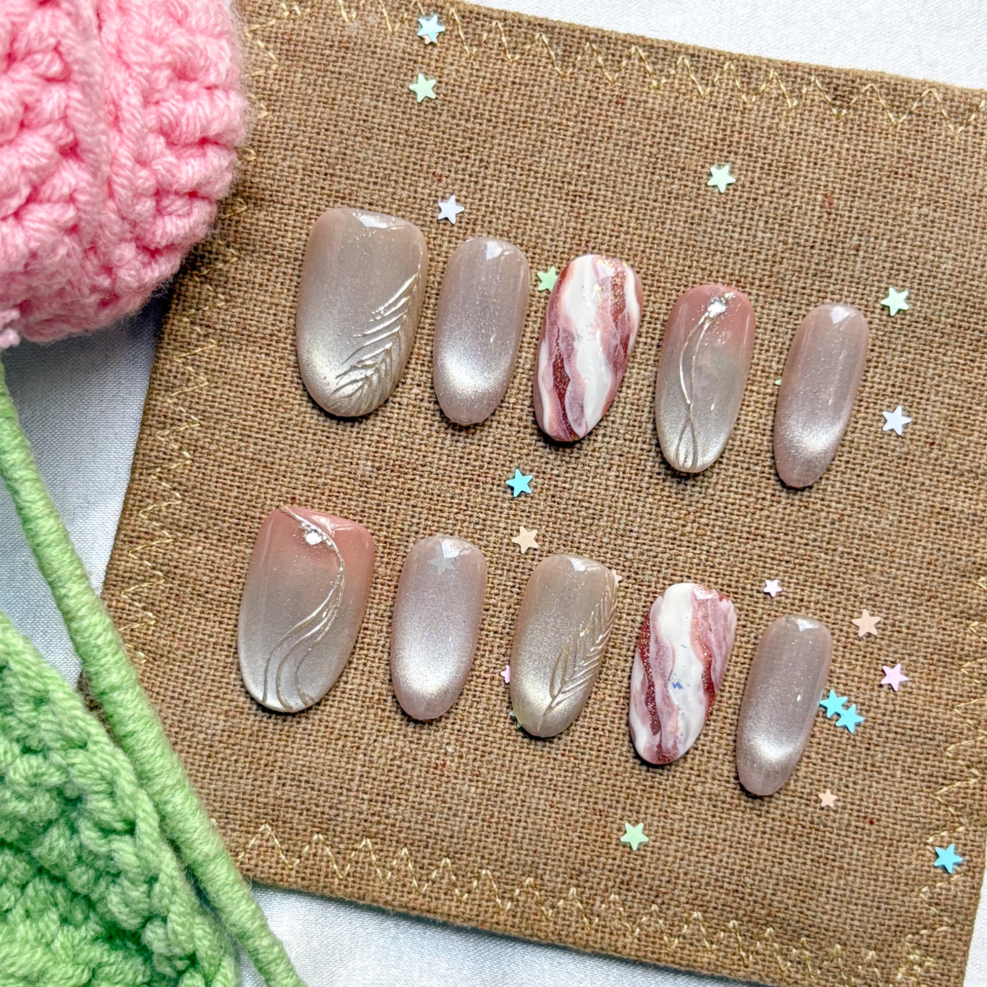 Custom Press-On Nails – Marble Nude & Beige with Swirl Accents | Wynzy Pops Nails