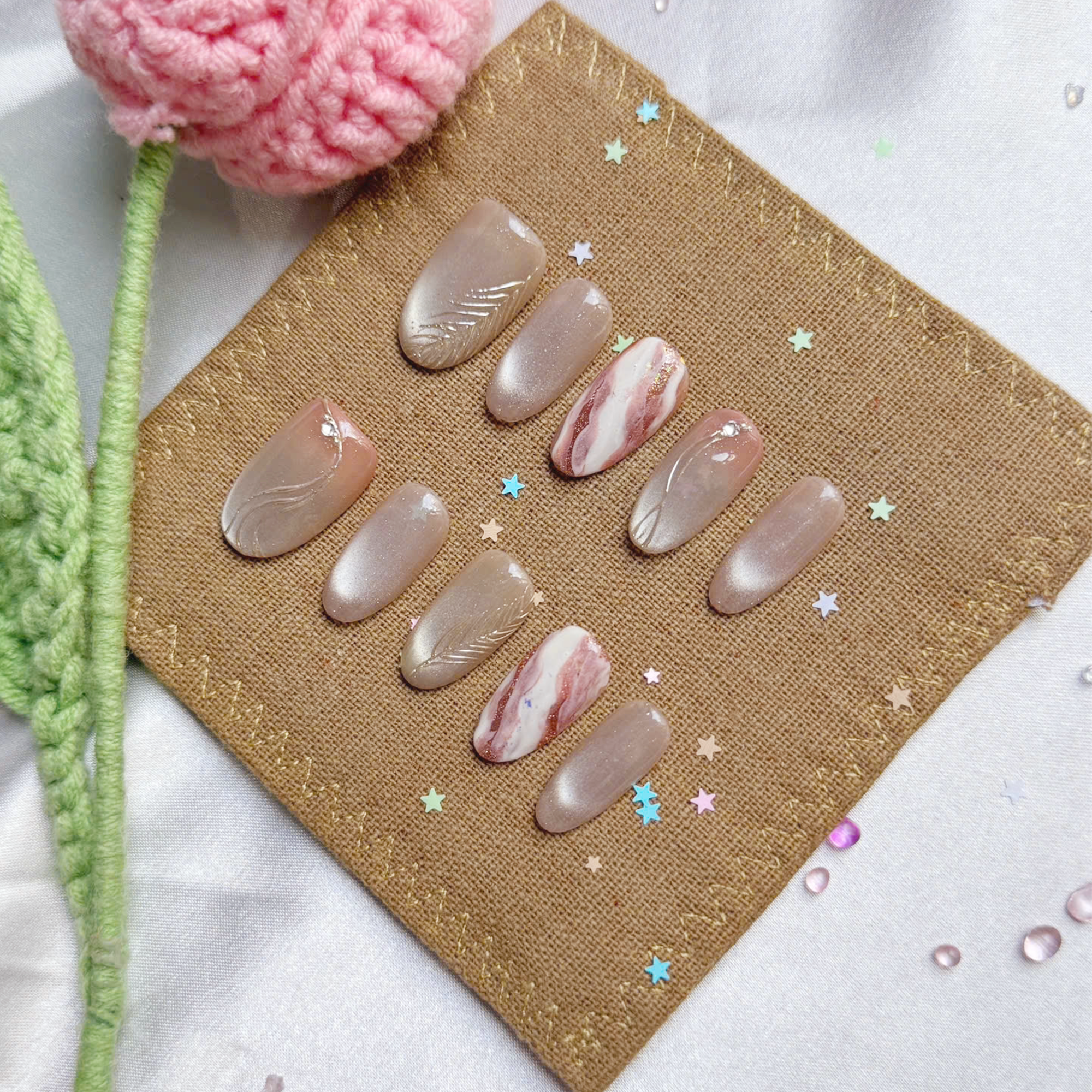 Custom Press-On Nails – Marble Nude & Beige with Swirl Accents | Wynzy Pops Nails