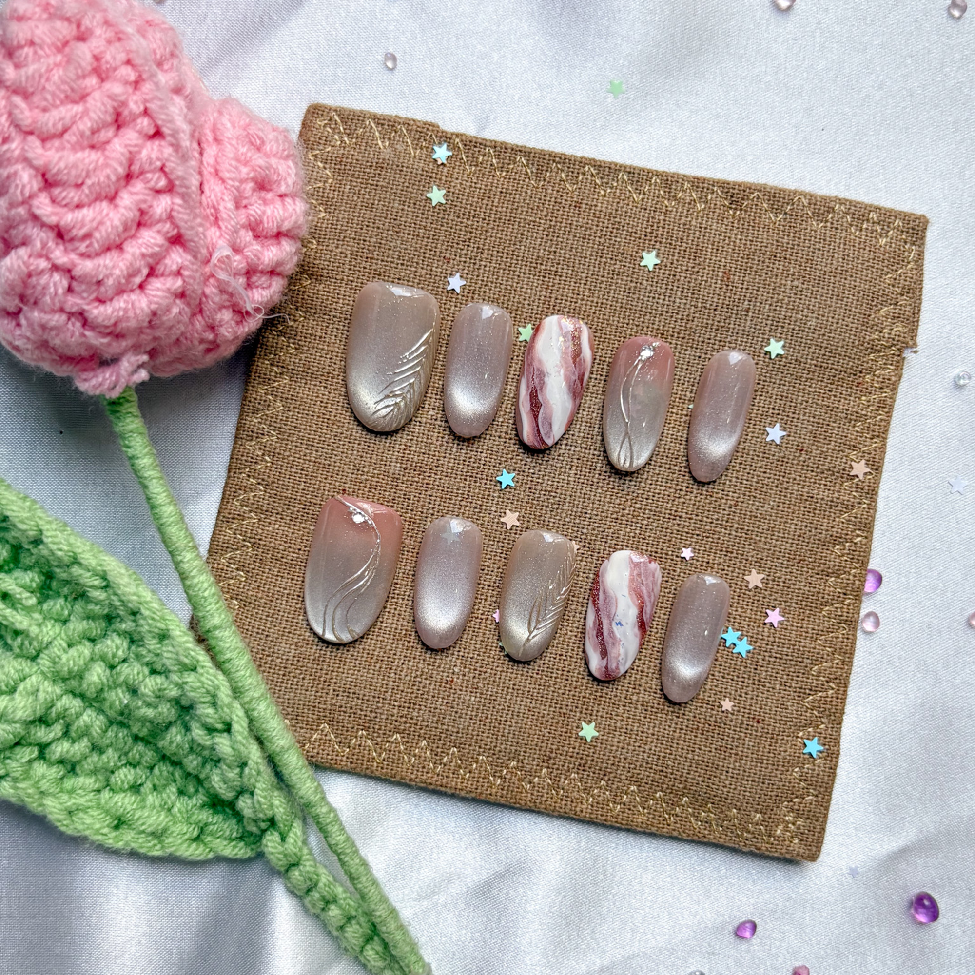 Custom Press-On Nails – Marble Nude & Beige with Swirl Accents | Wynzy Pops Nails