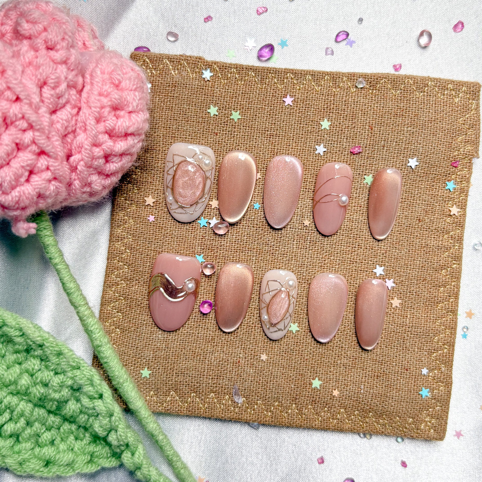 Custom Press-On Nails – Rose Gold Cat Eye with Pearl & Gold Frame Charms | Elegant Minimalist Nail Set | Wynzy Pops Nails