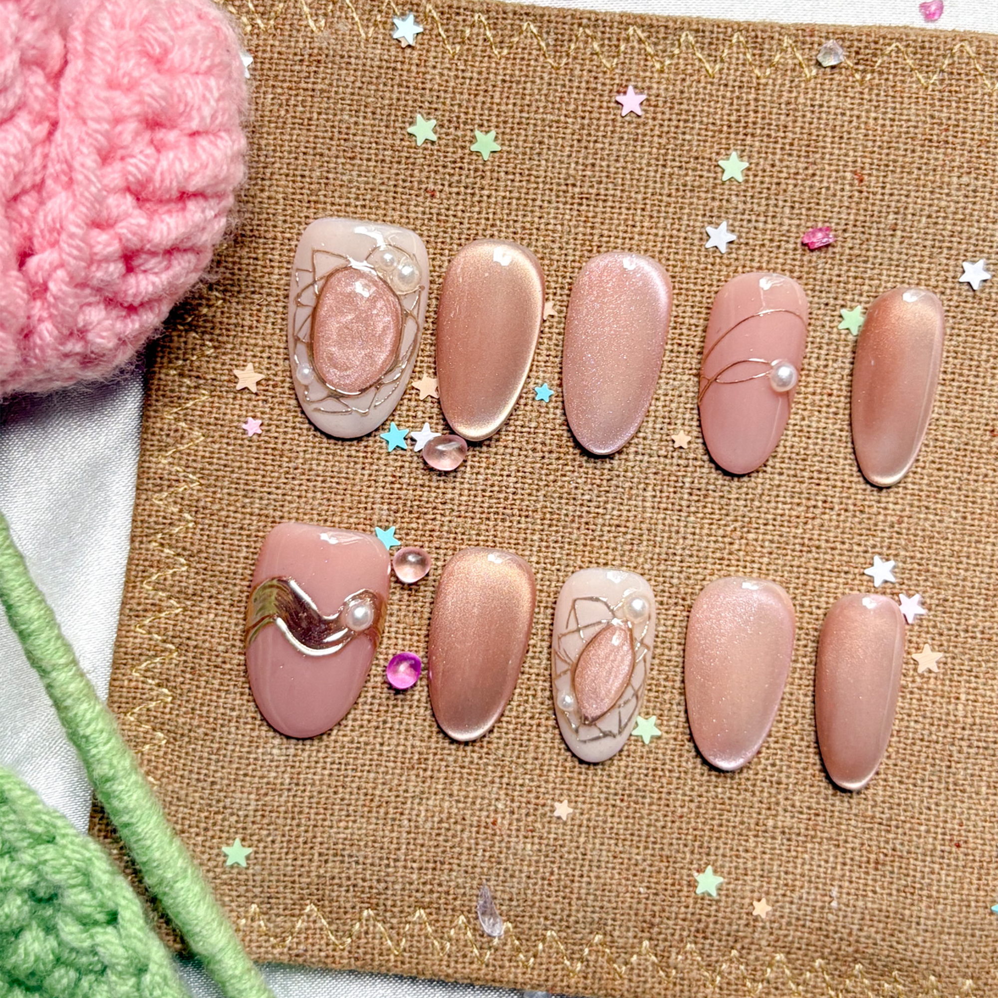 Custom Press-On Nails – Rose Gold Cat Eye with Pearl & Gold Frame Charms | Elegant Minimalist Nail Set | Wynzy Pops Nails