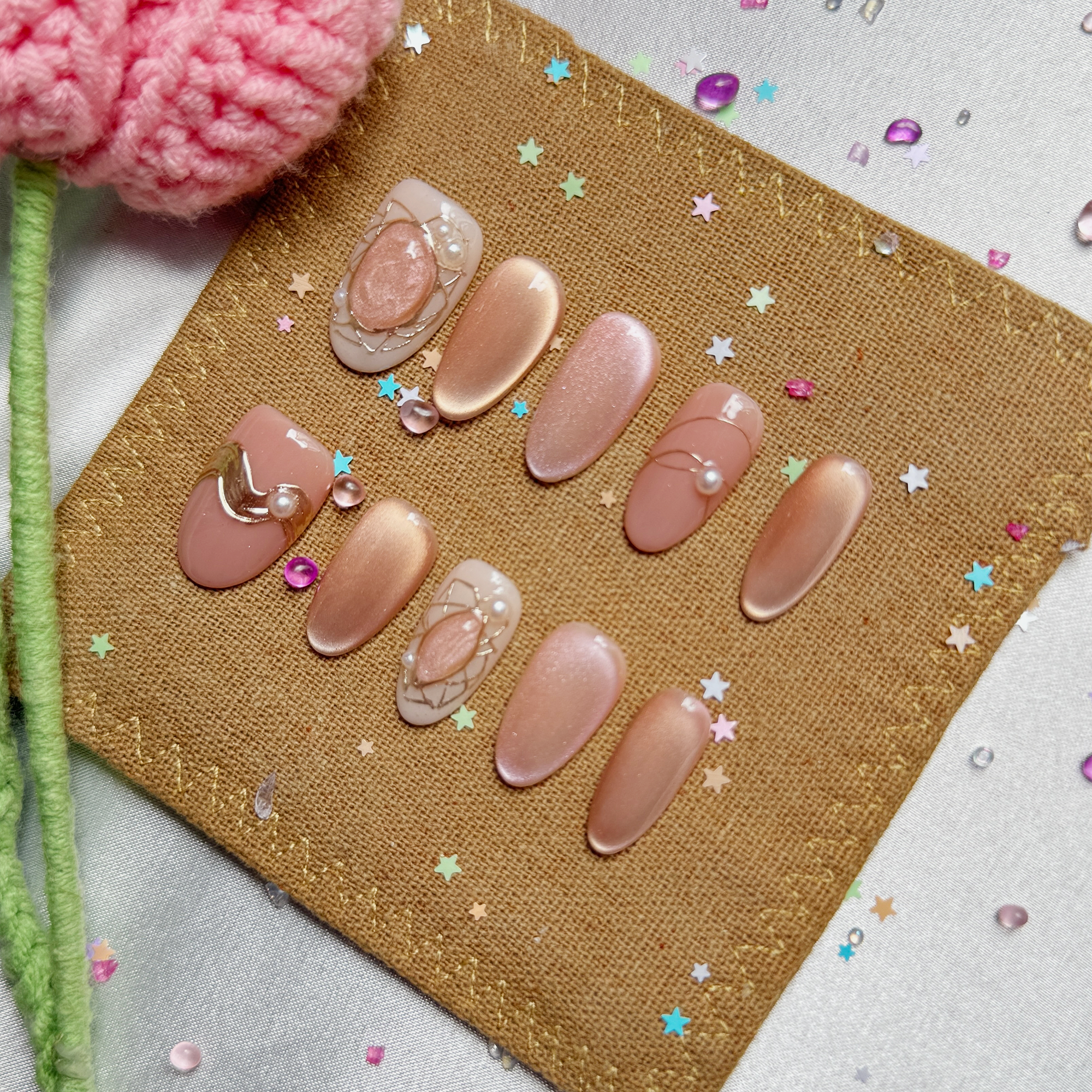 Custom Press-On Nails – Rose Gold Cat Eye with Pearl & Gold Frame Charms | Elegant Minimalist Nail Set | Wynzy Pops Nails