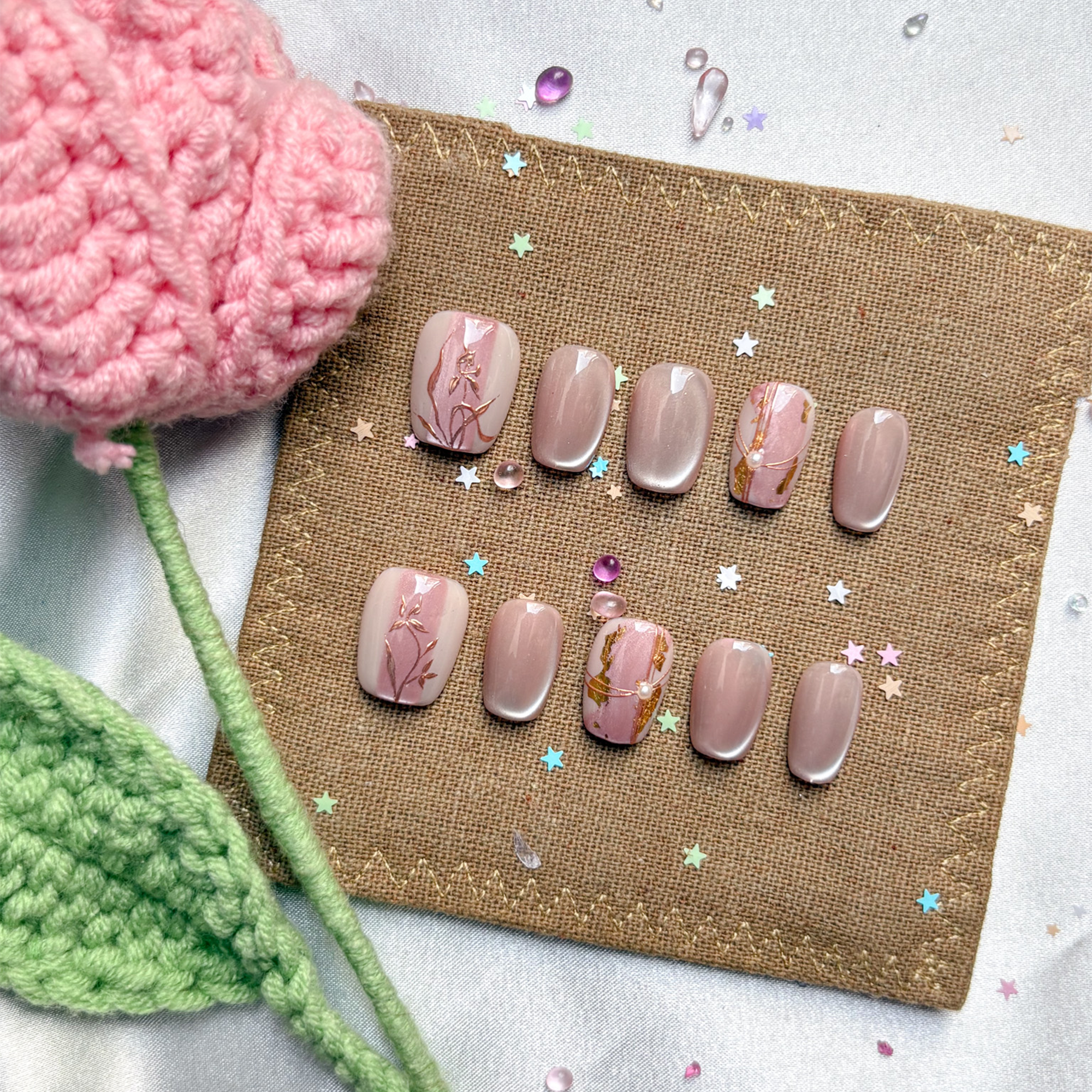 Custom Press-On Nails – Nude & Rose Gold Ombré with Gold Foil Art | Wynzy Pops Nails