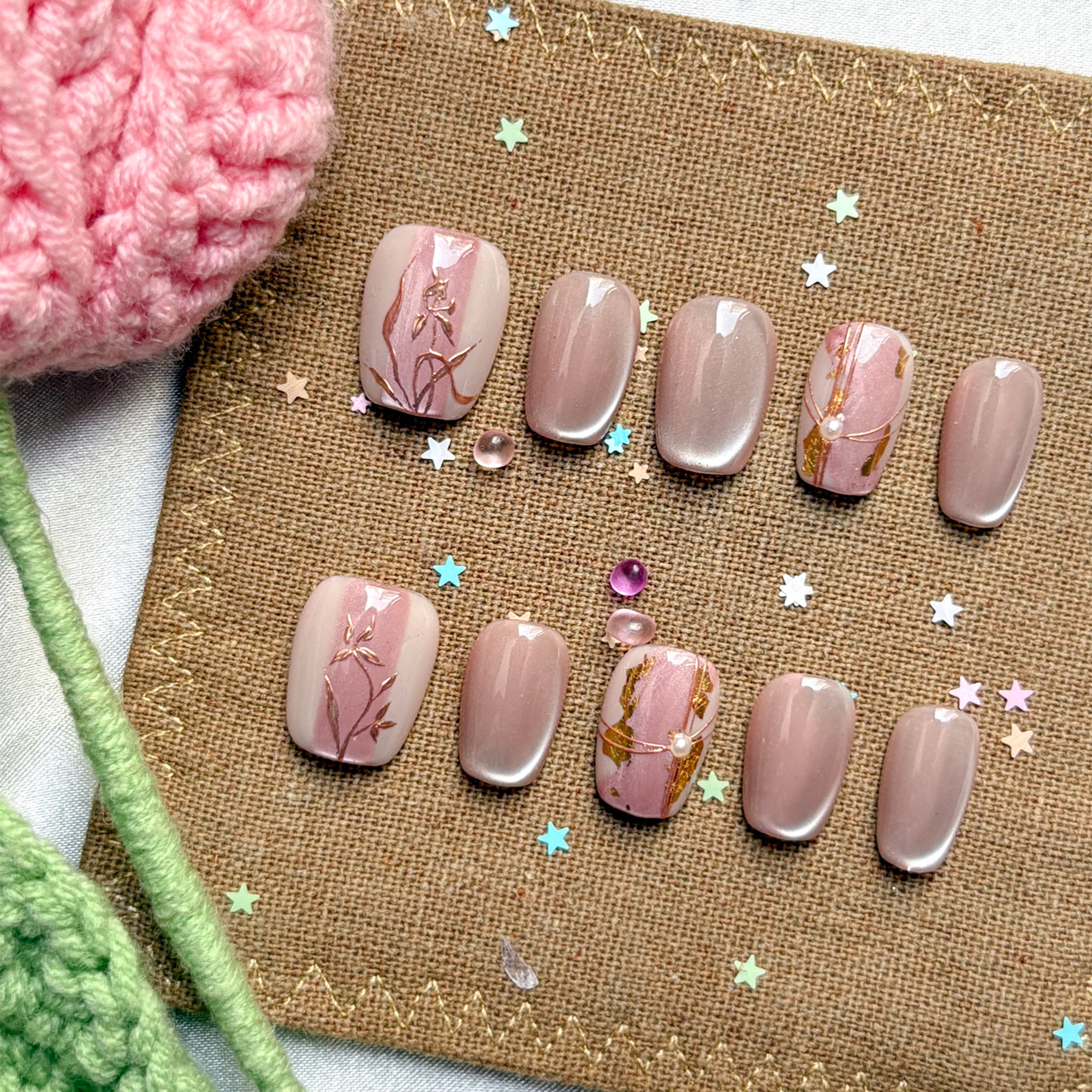 Custom Press-On Nails – Nude & Rose Gold Ombré with Gold Foil Art | Wynzy Pops Nails