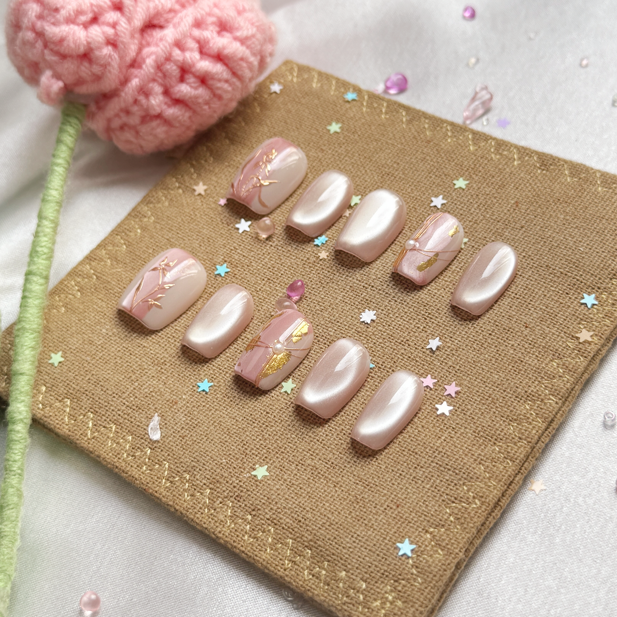 Custom Press-On Nails – Nude & Rose Gold Ombré with Gold Foil Art | Wynzy Pops Nails