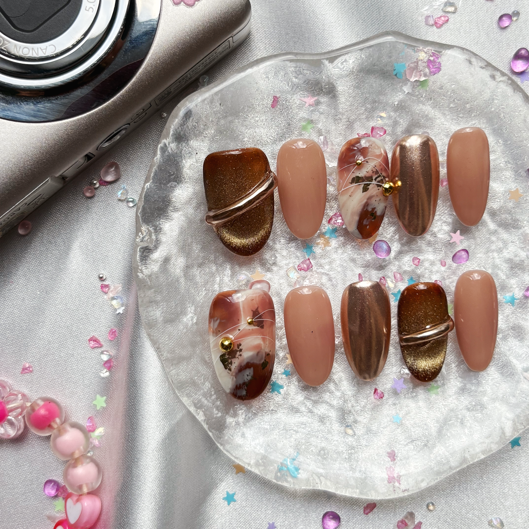 Personalized Autumn Gold Press On Nails: Brown Marble Almond Nail Art | Wynzy Pops Nails