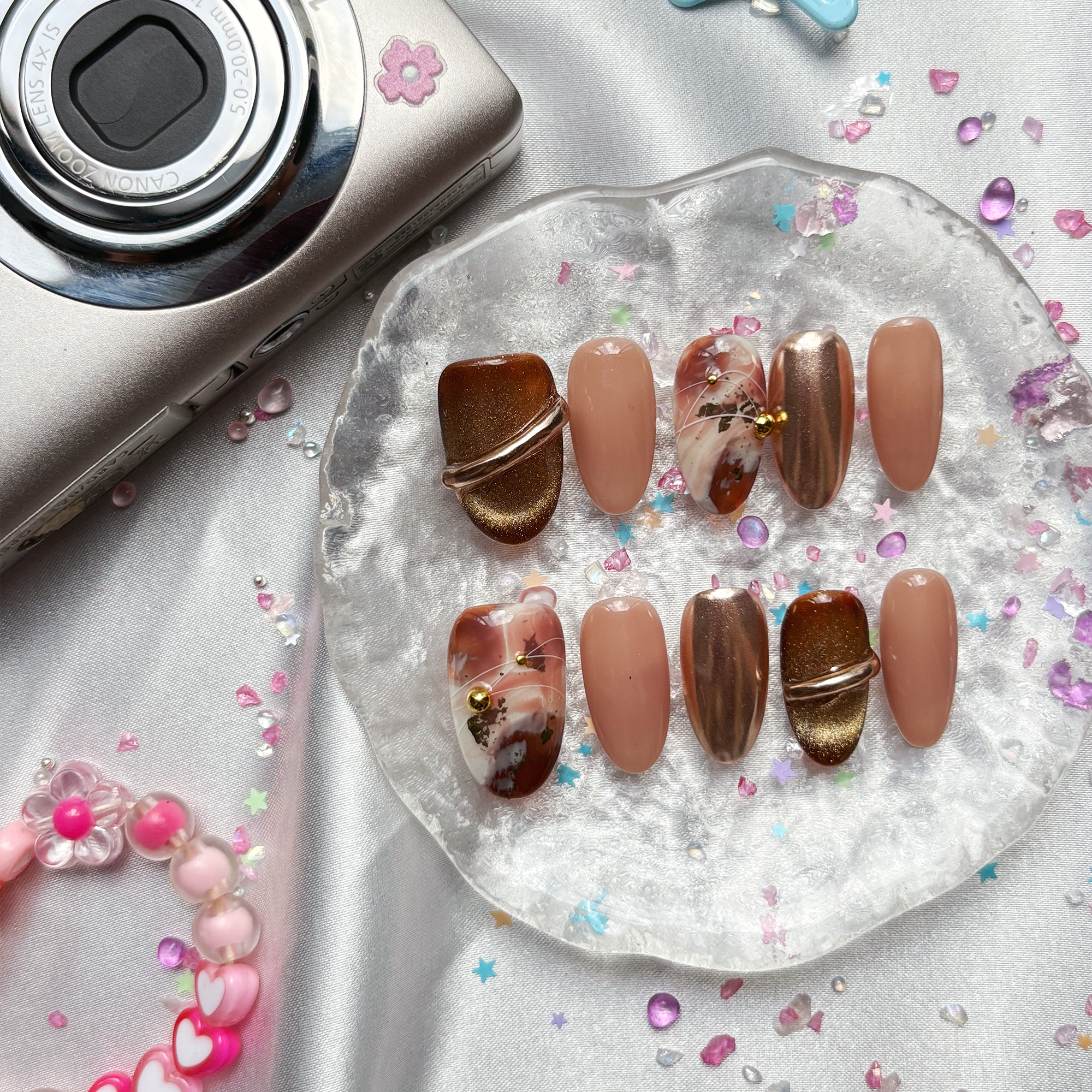 Personalized Autumn Gold Press On Nails: Brown Marble Almond Nail Art | Wynzy Pops Nails