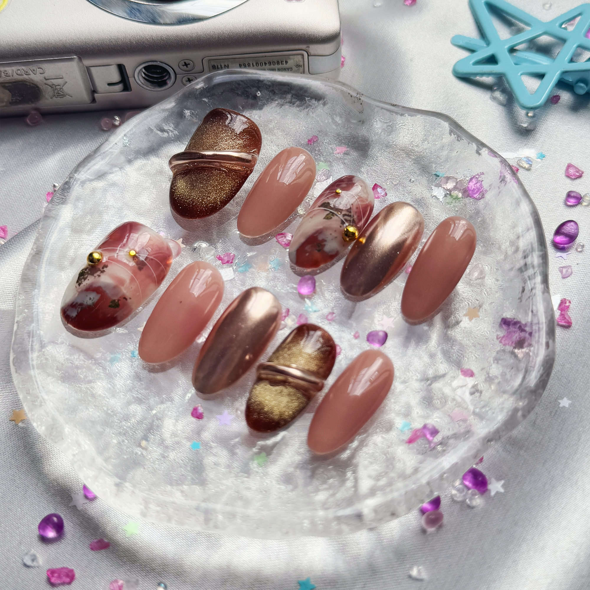 Personalized Autumn Gold Press On Nails: Brown Marble Almond Nail Art | Wynzy Pops Nails