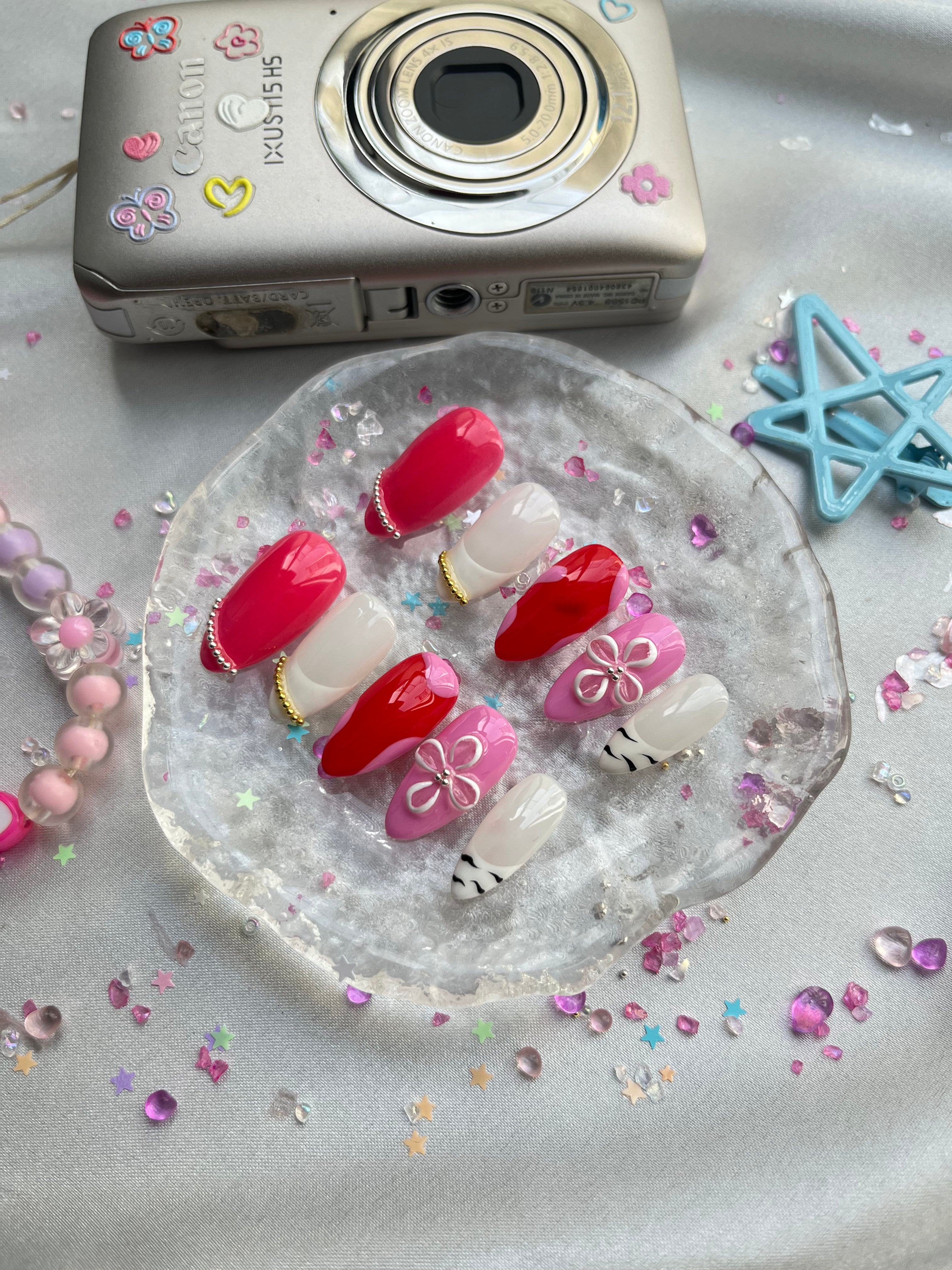 Custom Press-On Nails – Red & Pink with Pearl Charms & Floral Accents | Wynzy Pops Nails