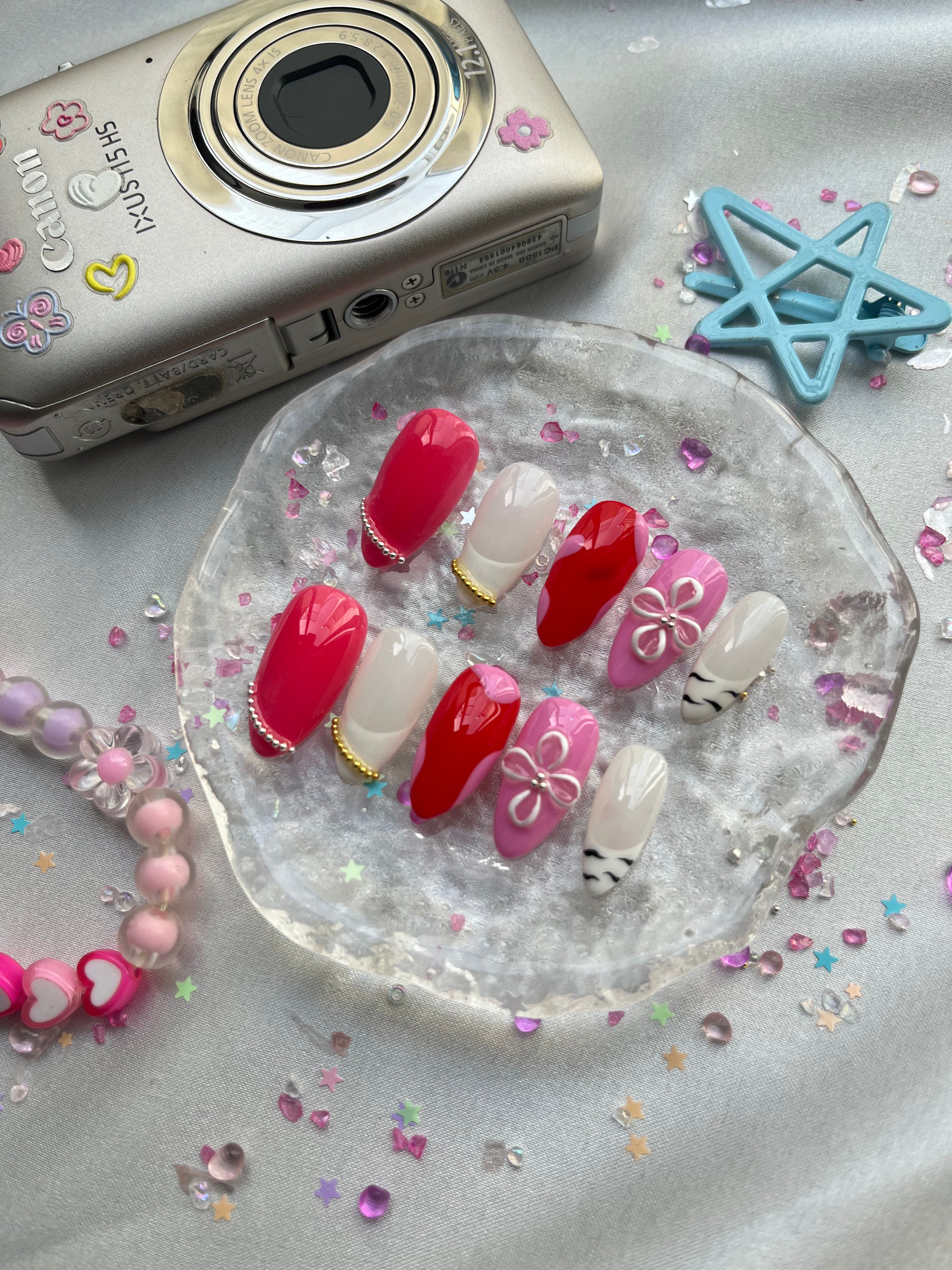 Custom Press-On Nails – Red & Pink with Pearl Charms & Floral Accents | Wynzy Pops Nails