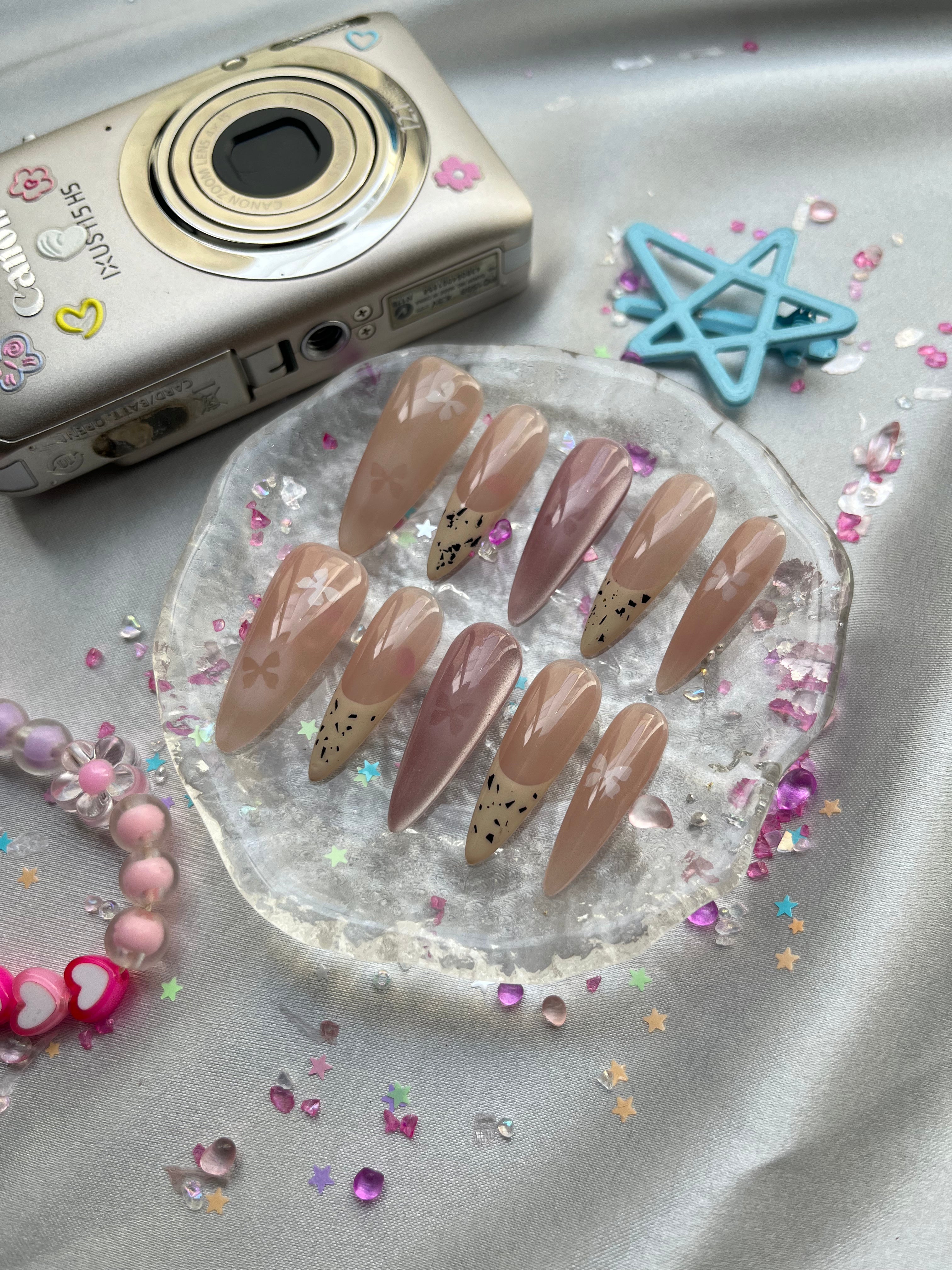 Custom Nude Press-On Nails – Butterflies & Speckled French Tips | Wynzy Pops Nails