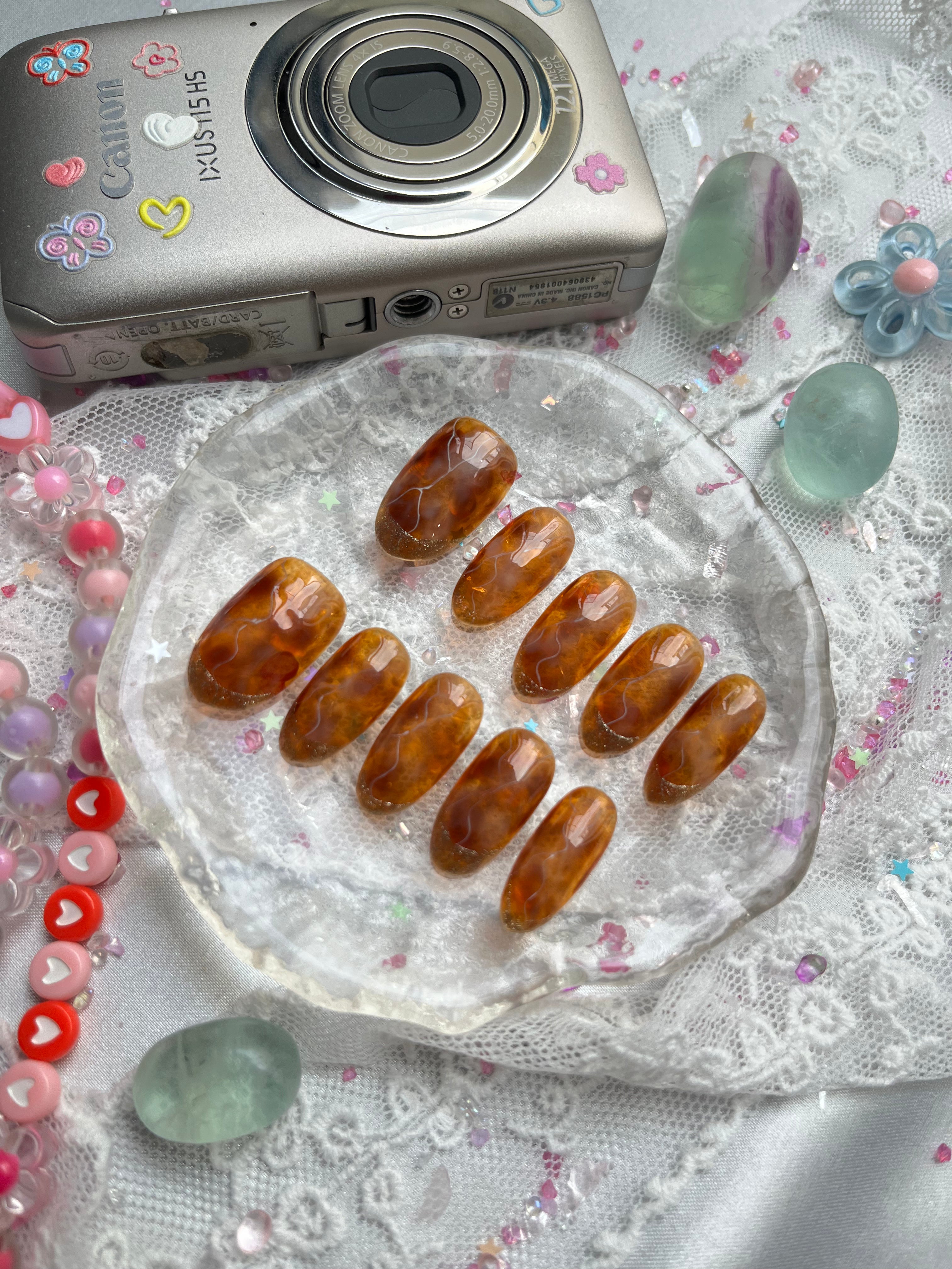 Custom Press-On Nails – Brown Marble with Gold Glitter French Tips | Wynzy Pops Nails