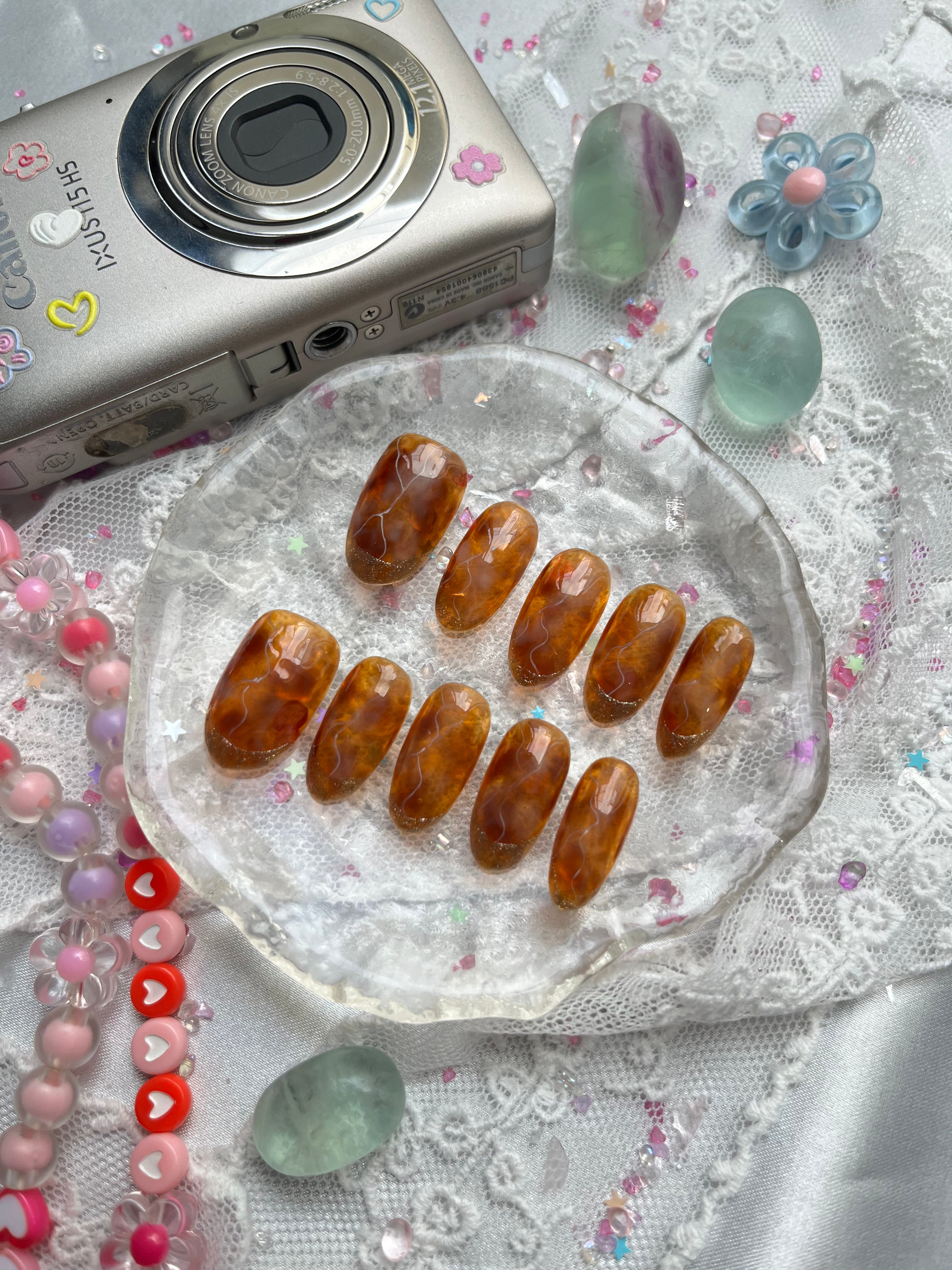 Custom Press-On Nails – Brown Marble with Gold Glitter French Tips | Wynzy Pops Nails