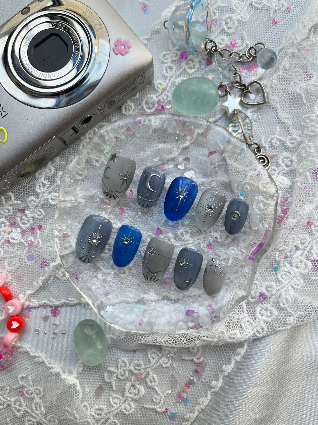 Custom Press-On Nails – Cat Eye Galaxy Blue Ombre with Moon & Star Design