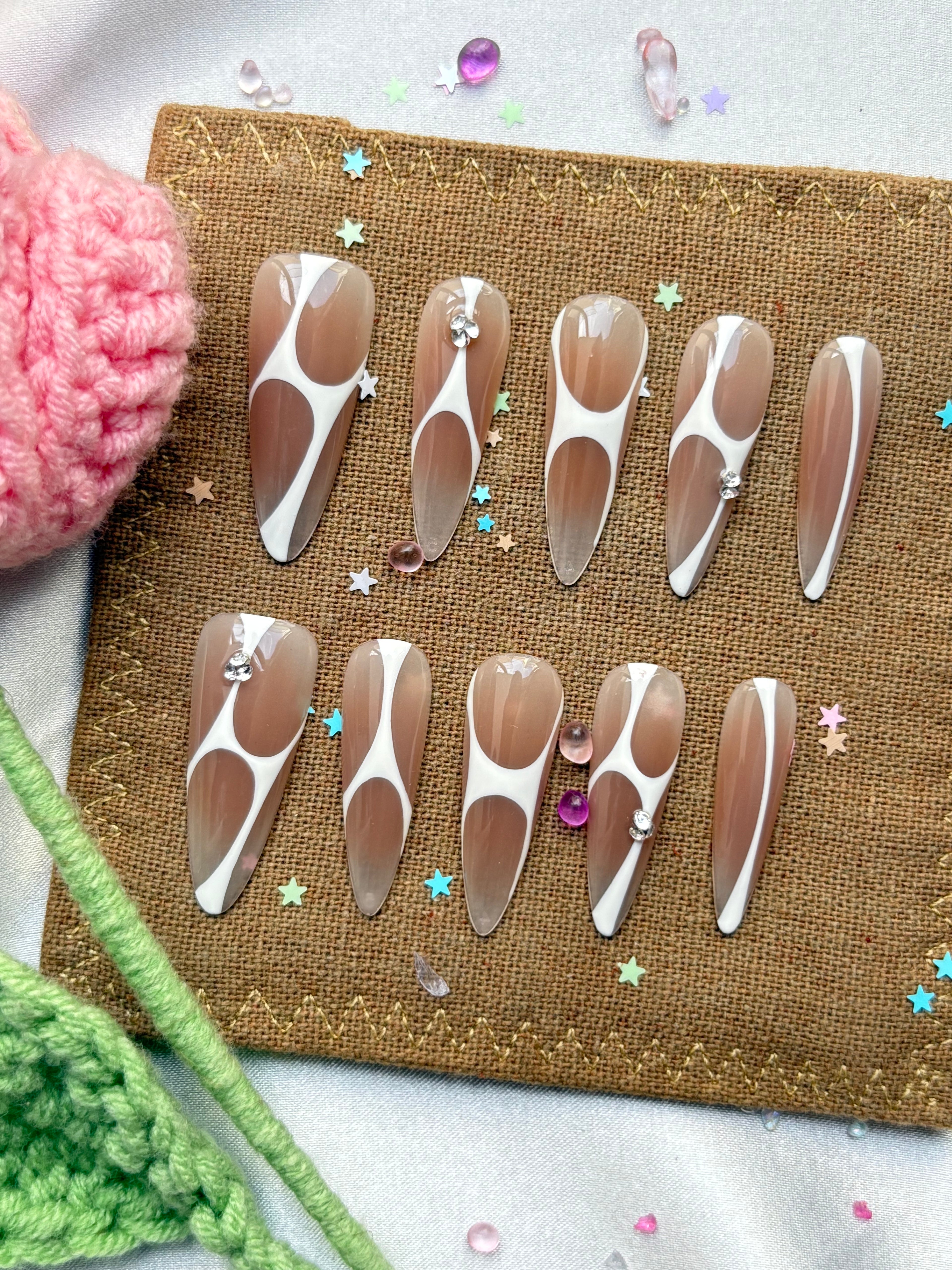 Custom Long Almond Press On Nails | Retro Geometric Brown & White Swirl | Minimalist Y2K Nails with Rhinestone Accents