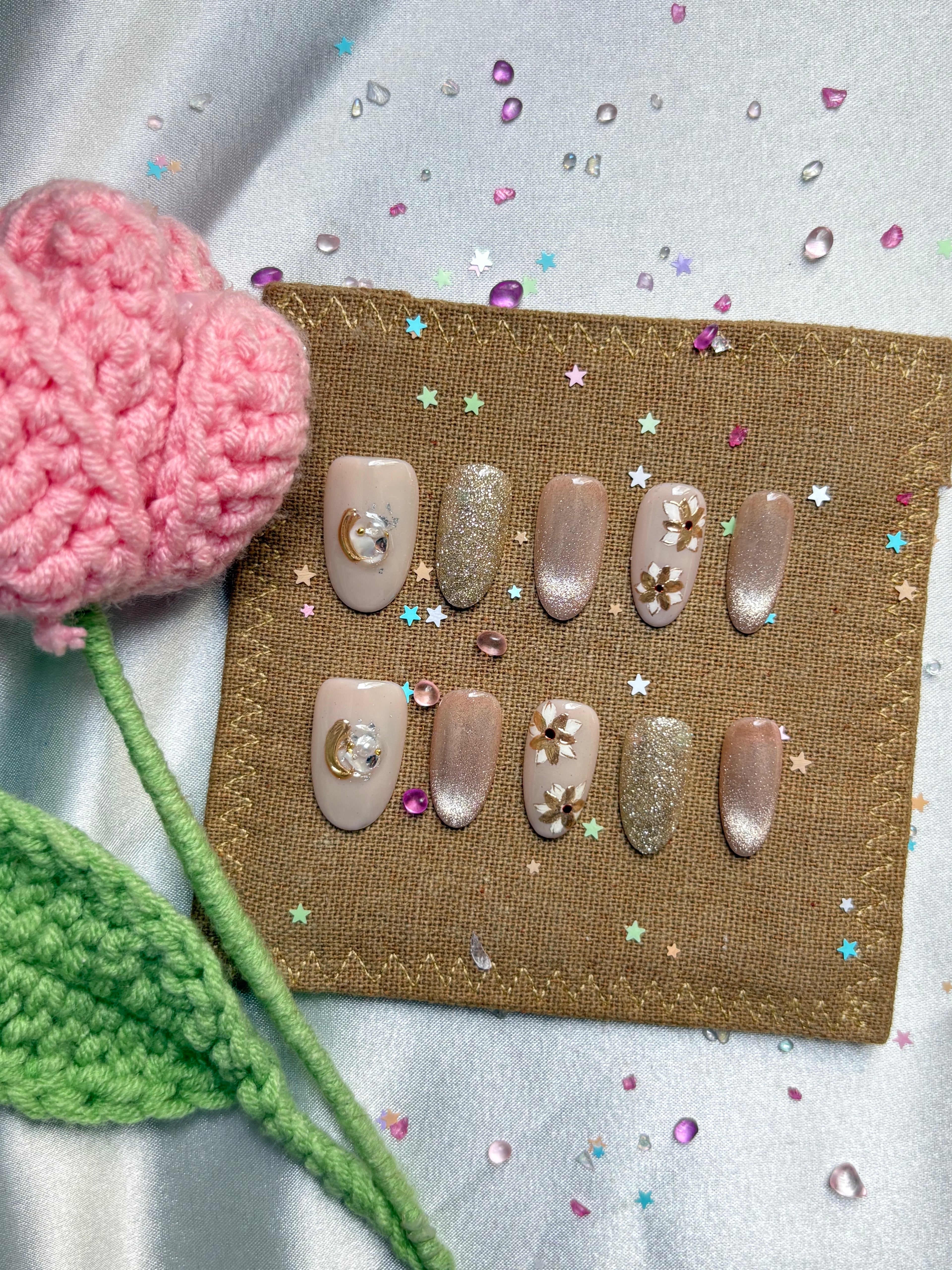 Custom Press-On Nails – Nude Beige with Gold Glitter & 3D Floral Accents | Wynzy Pops Nails