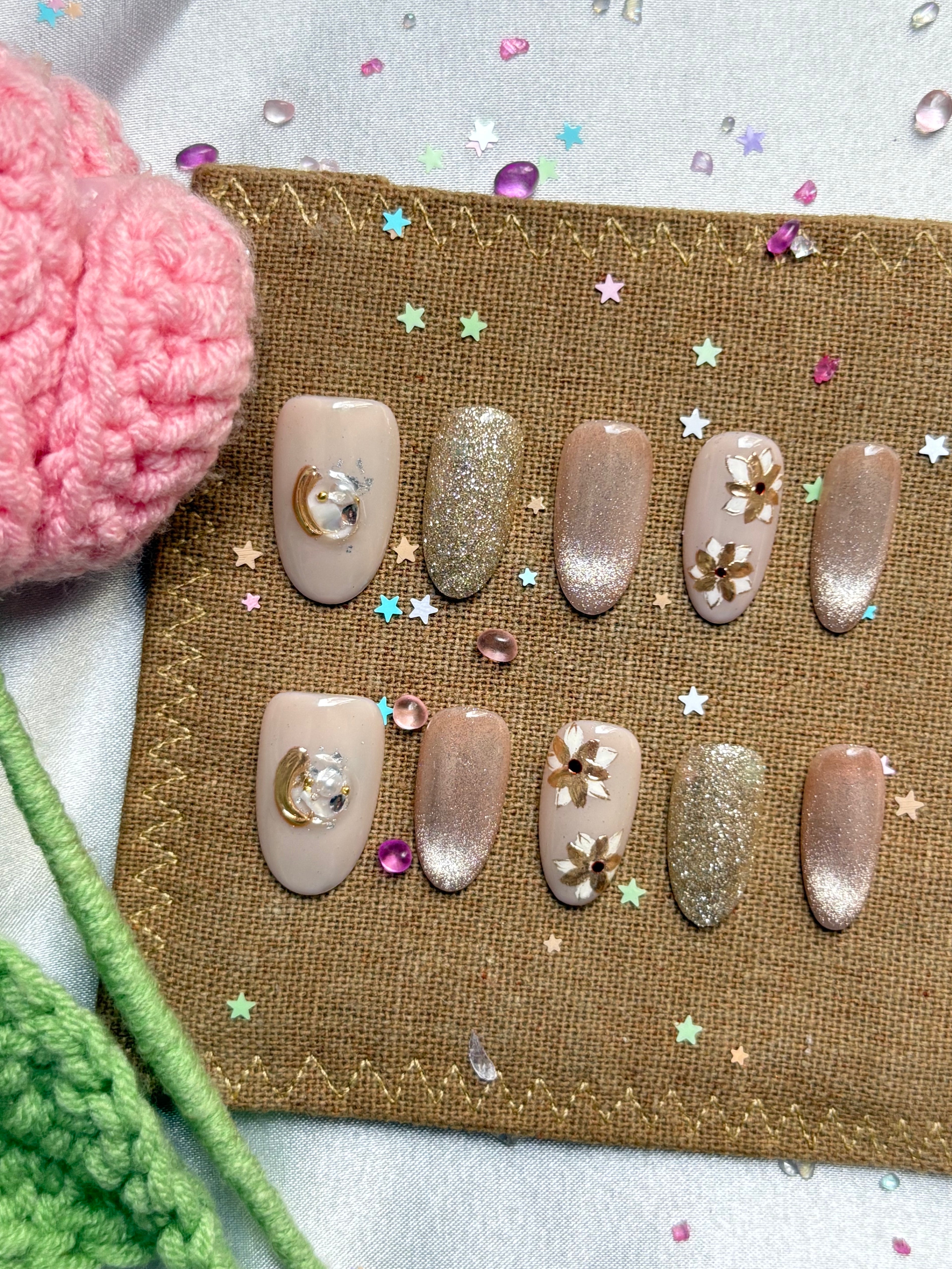 Custom Press-On Nails – Nude Beige with Gold Glitter & 3D Floral Accents | Wynzy Pops Nails