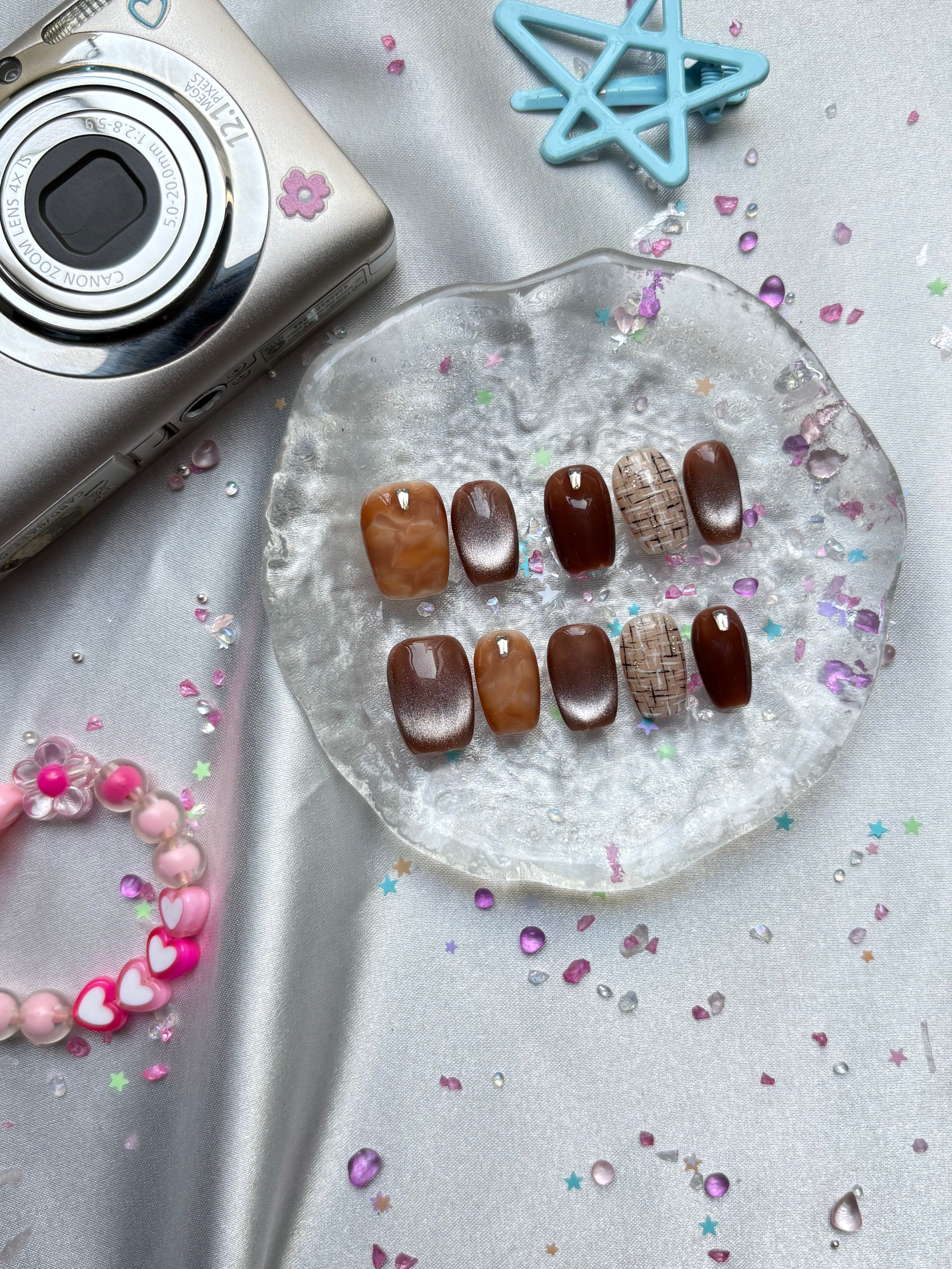 Custom Gel Press-On Nails – Brown Cat Eye, Gift for Her