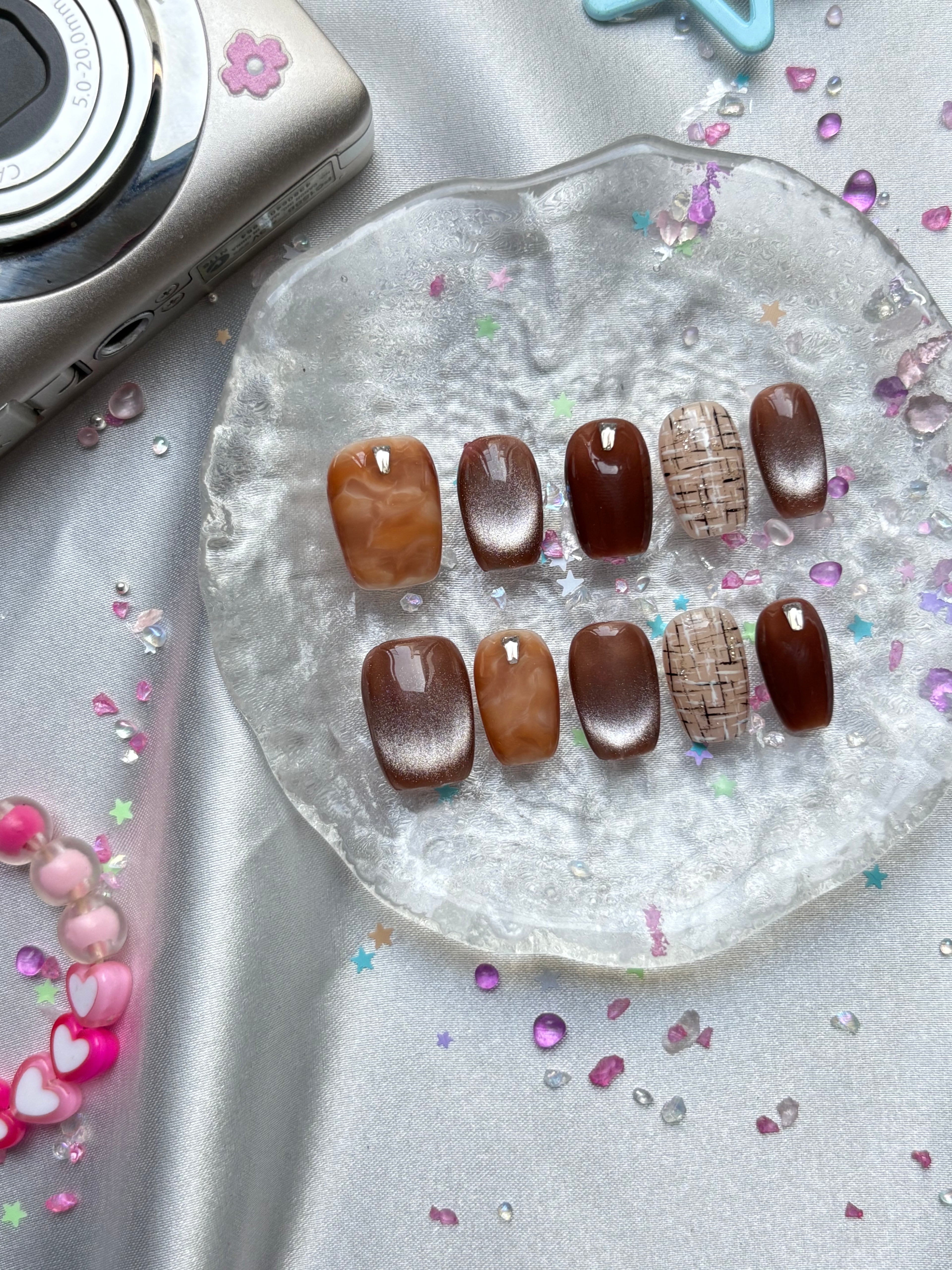 Custom Gel Press-On Nails – Brown Cat Eye, Gift for Her