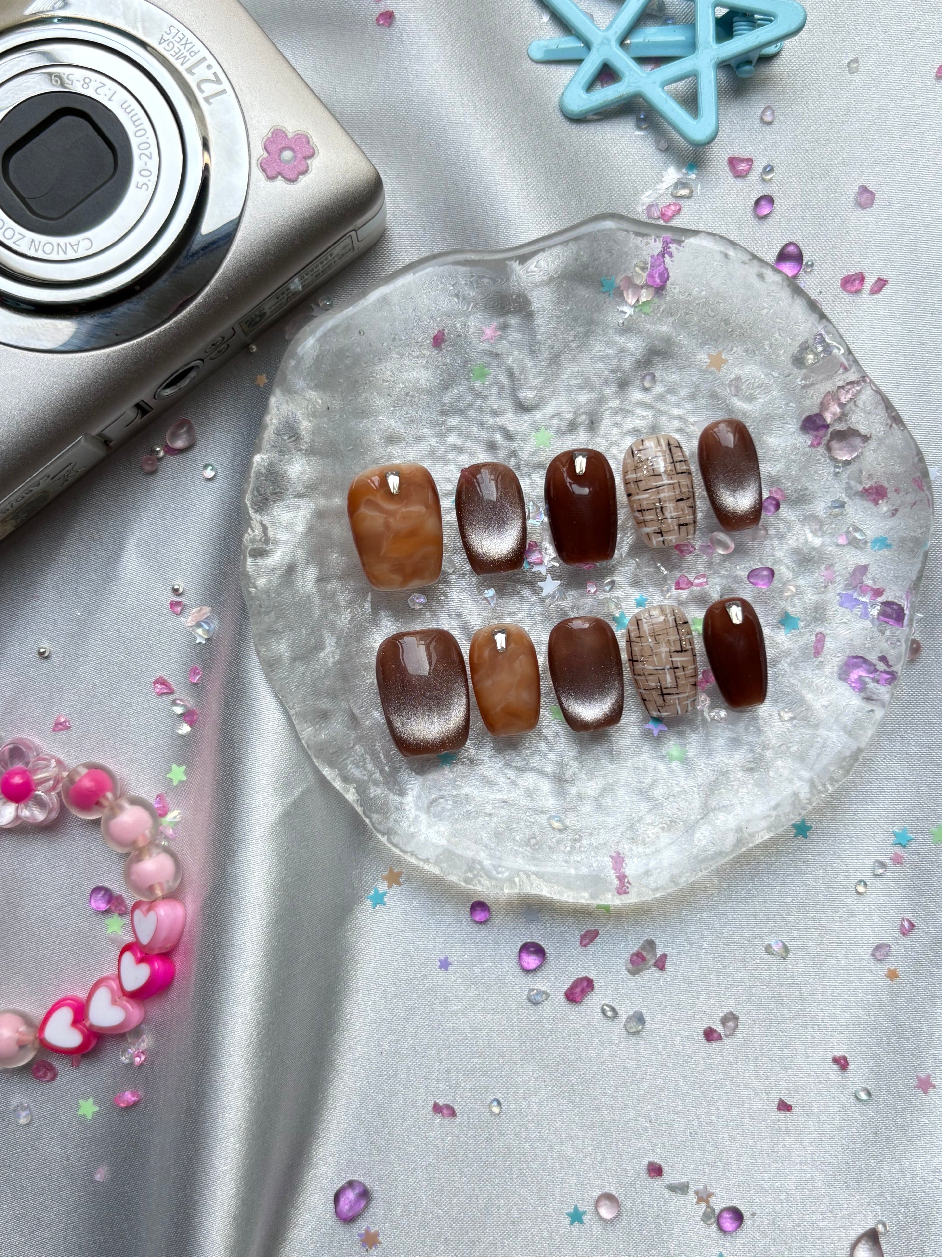 Custom Gel Press-On Nails – Brown Cat Eye, Gift for Her