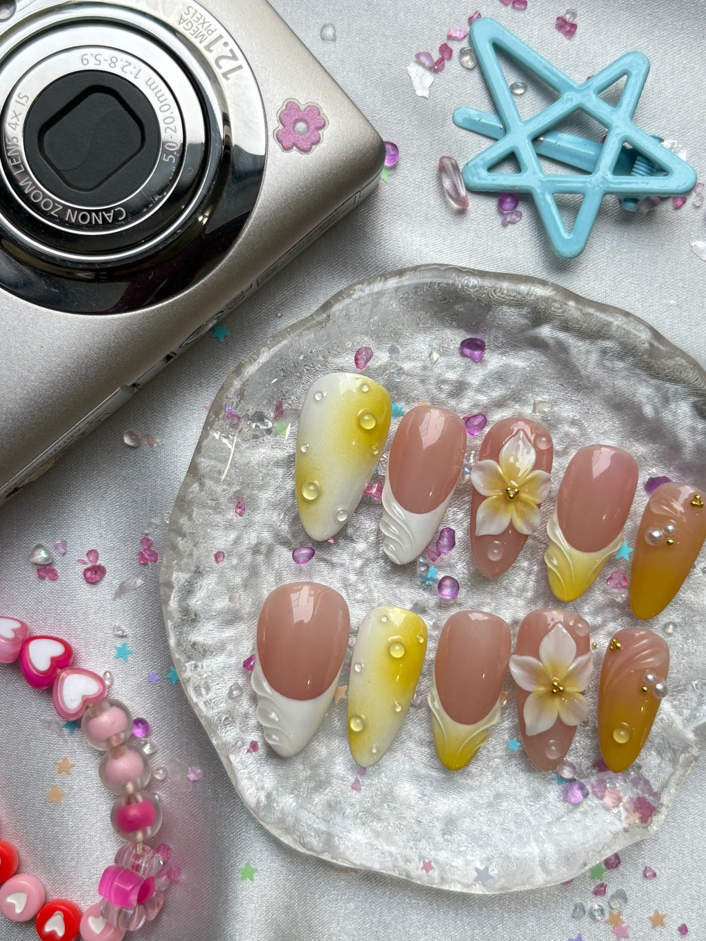Personalized 3D Flower Floral Press On Nails | Tropical Yellow Ombre | Pearl & Floral Details