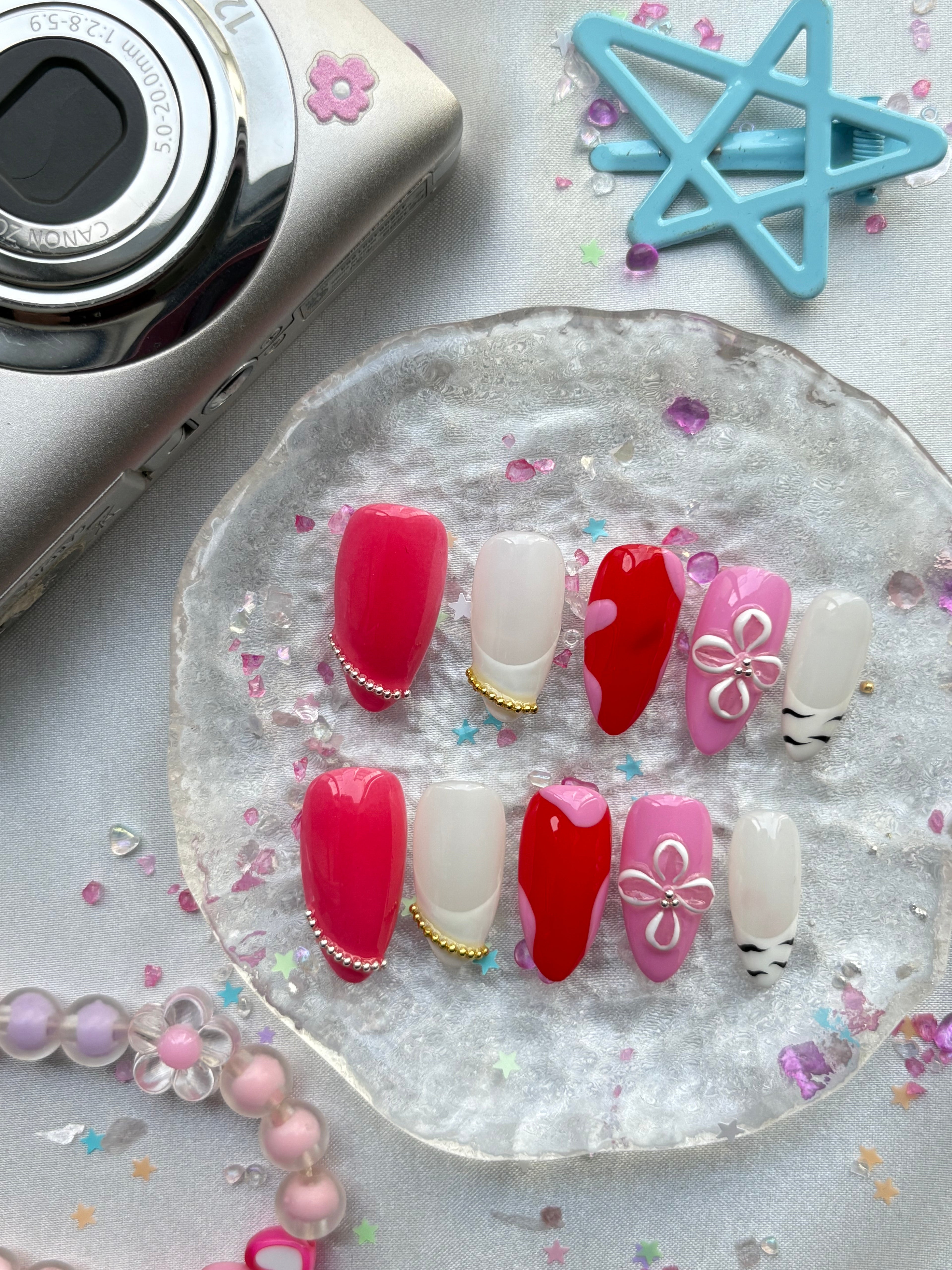 Custom Press-On Nails – Red & Pink with Pearl Charms & Floral Accents | Wynzy Pops Nails