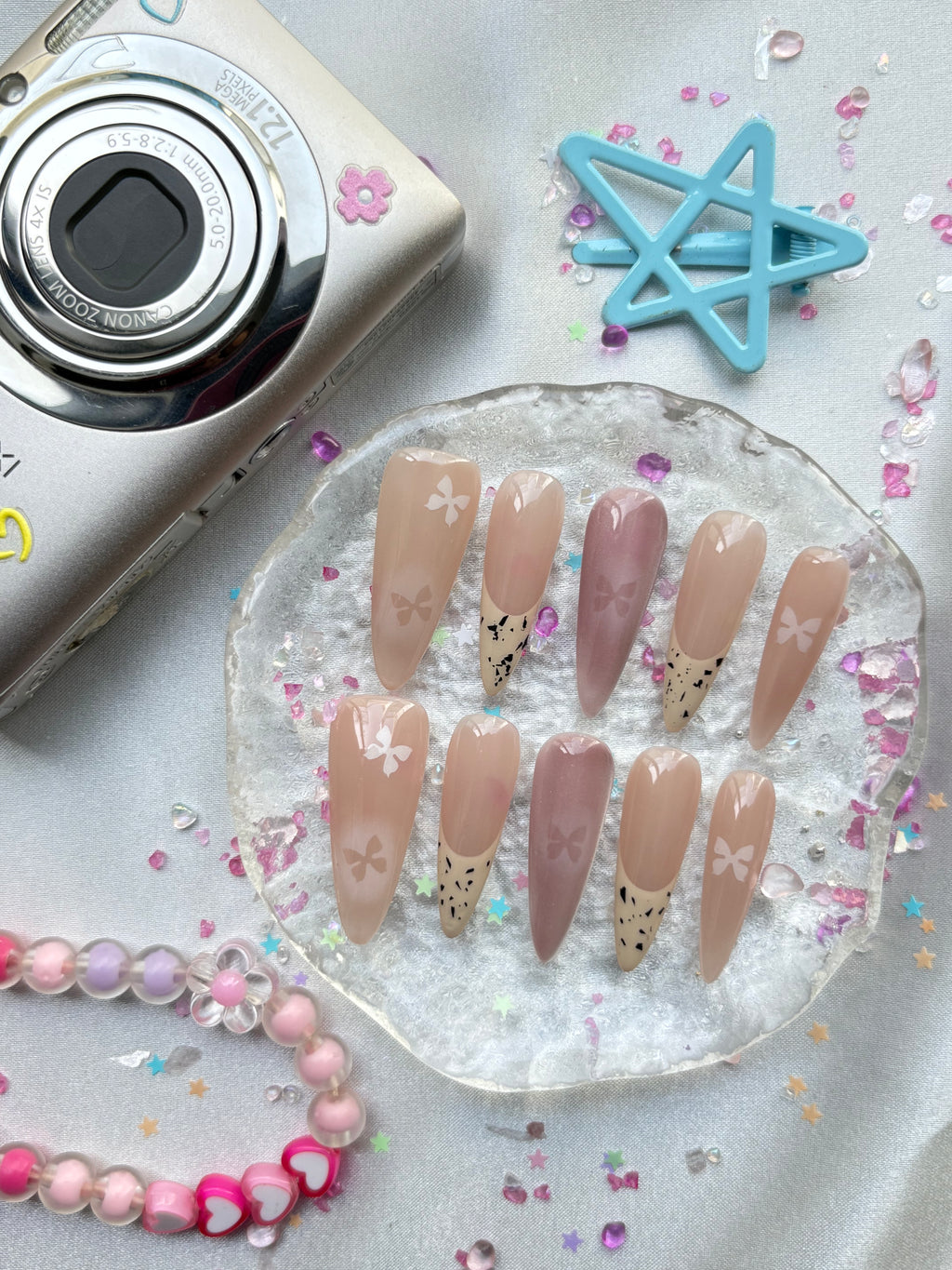 Custom Nude Press-On Nails – Butterflies & Speckled French Tips | Wynzy Pops Nails