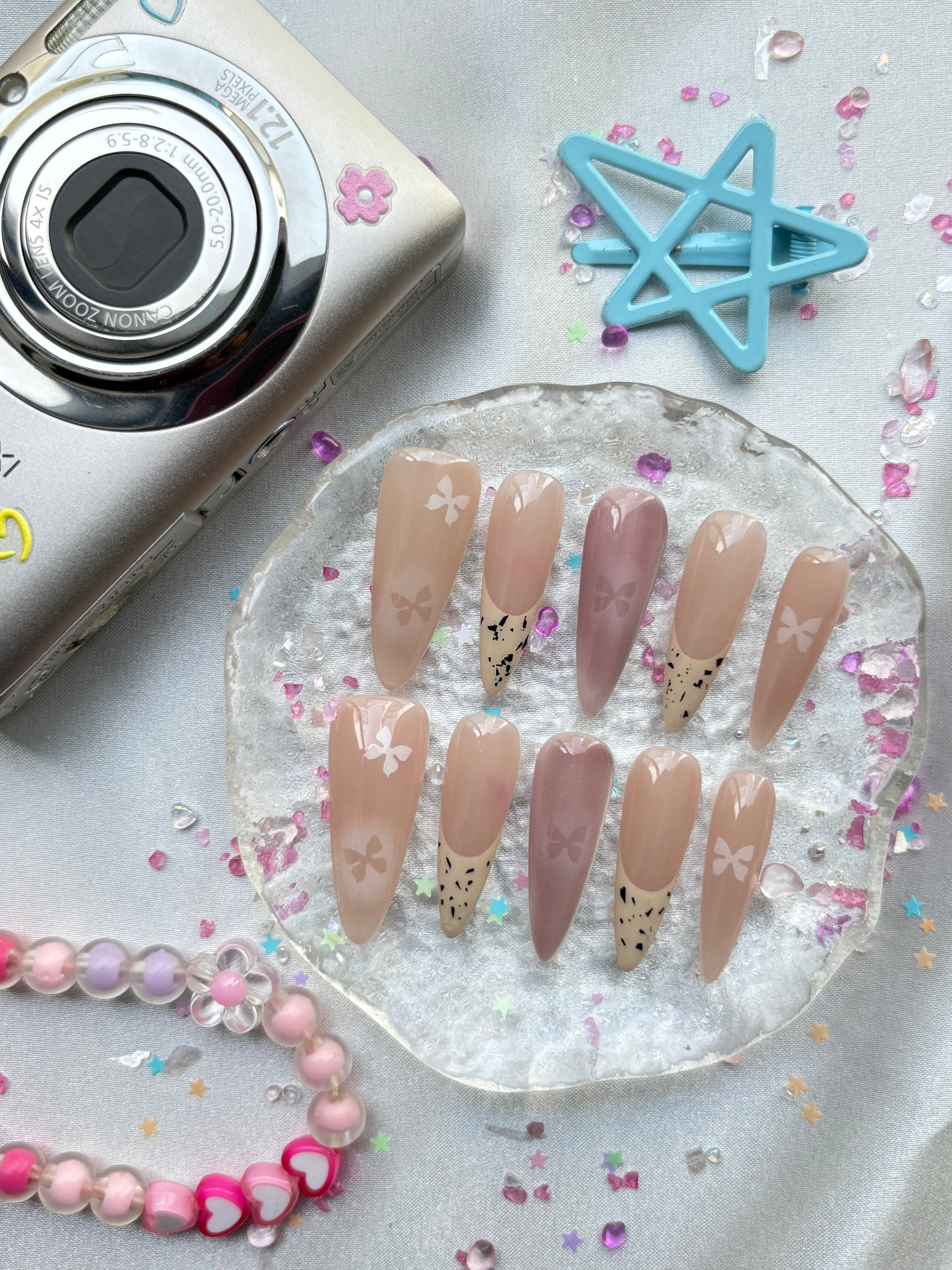 Custom Nude Press-On Nails – Butterflies & Speckled French Tips | Wynzy Pops Nails