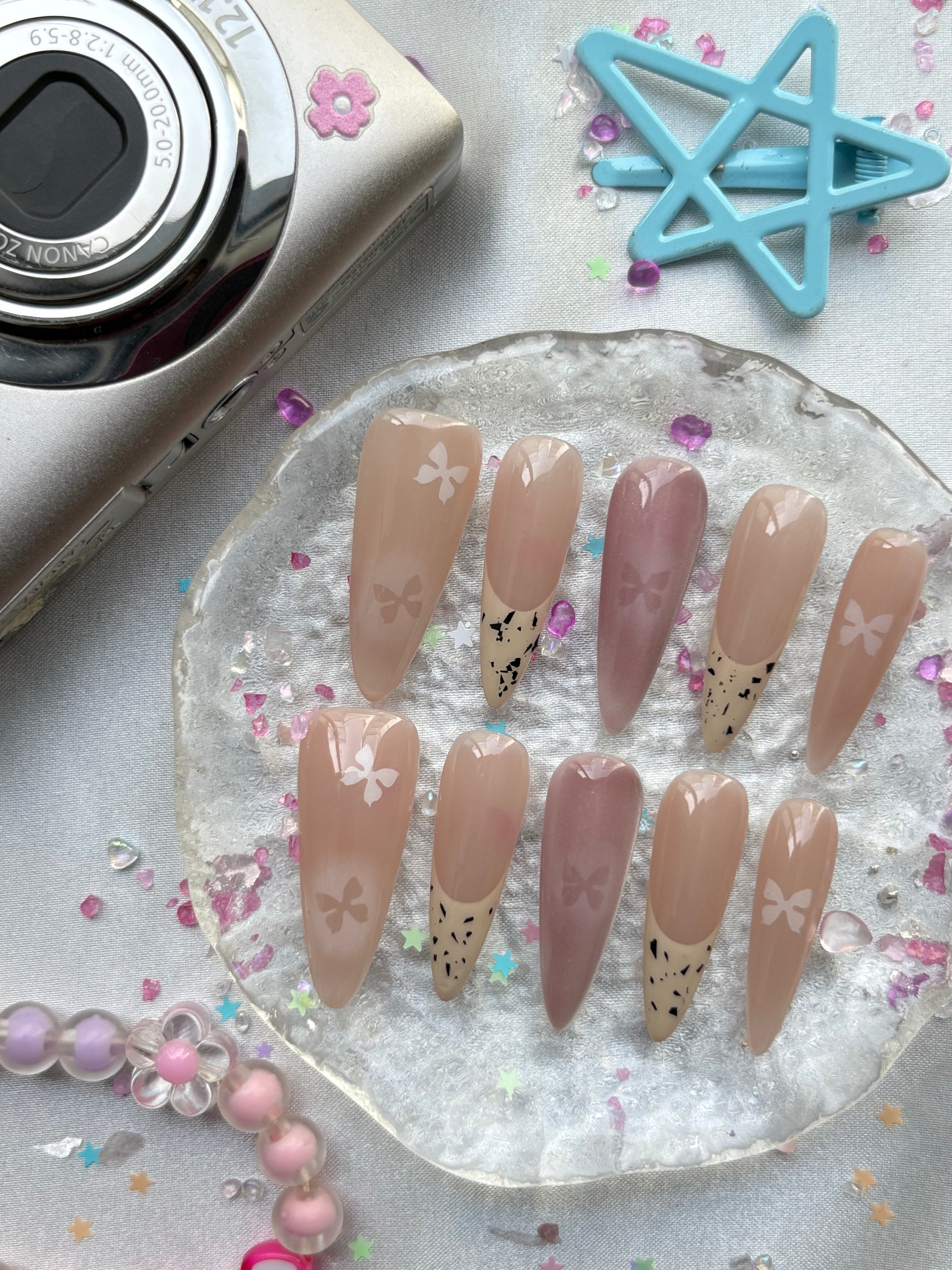 Custom Nude Press-On Nails – Butterflies & Speckled French Tips | Wynzy Pops Nails