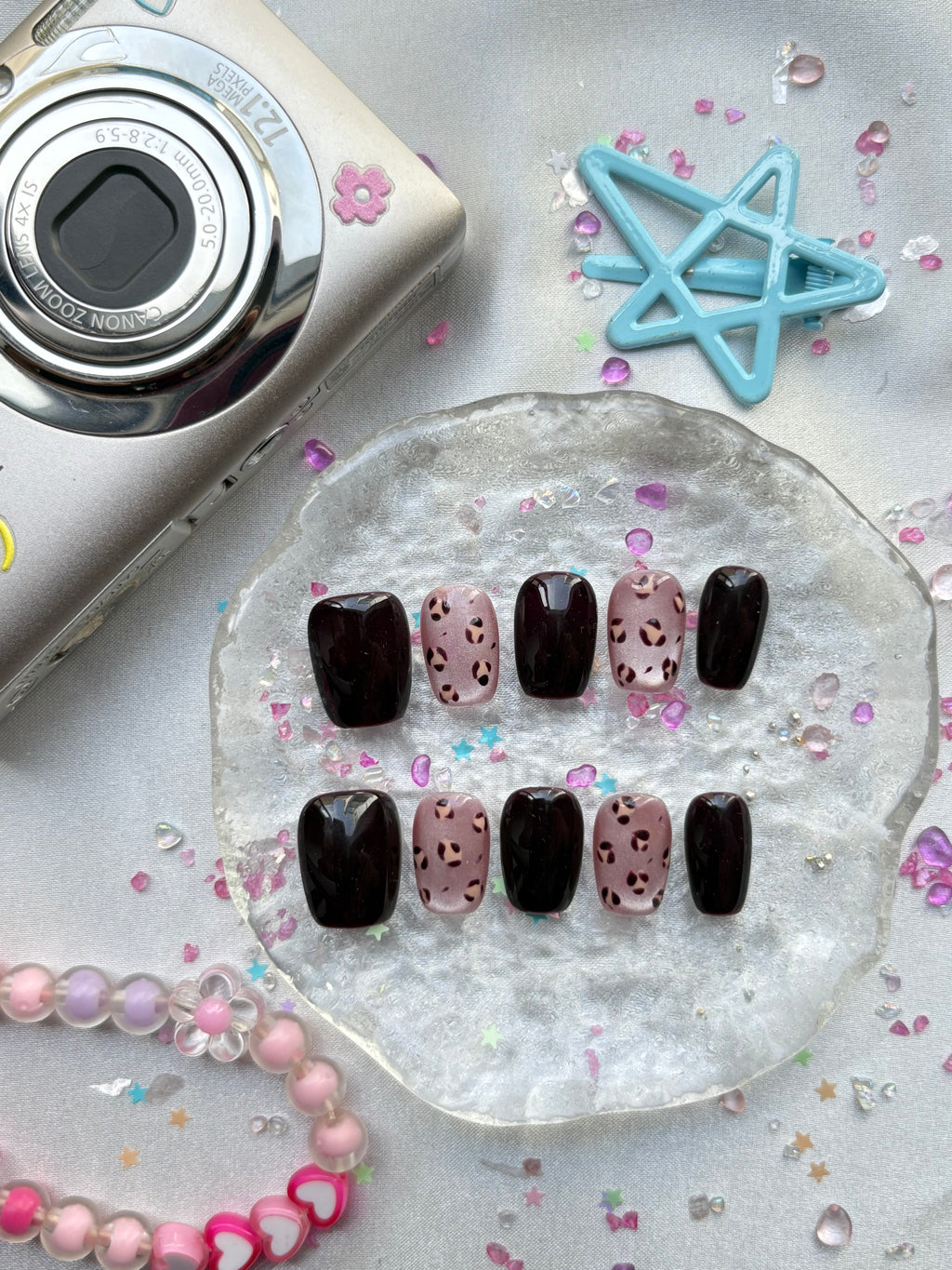 Custom Leopard Press-On Nails – Black & Brown Jelly, Short Square