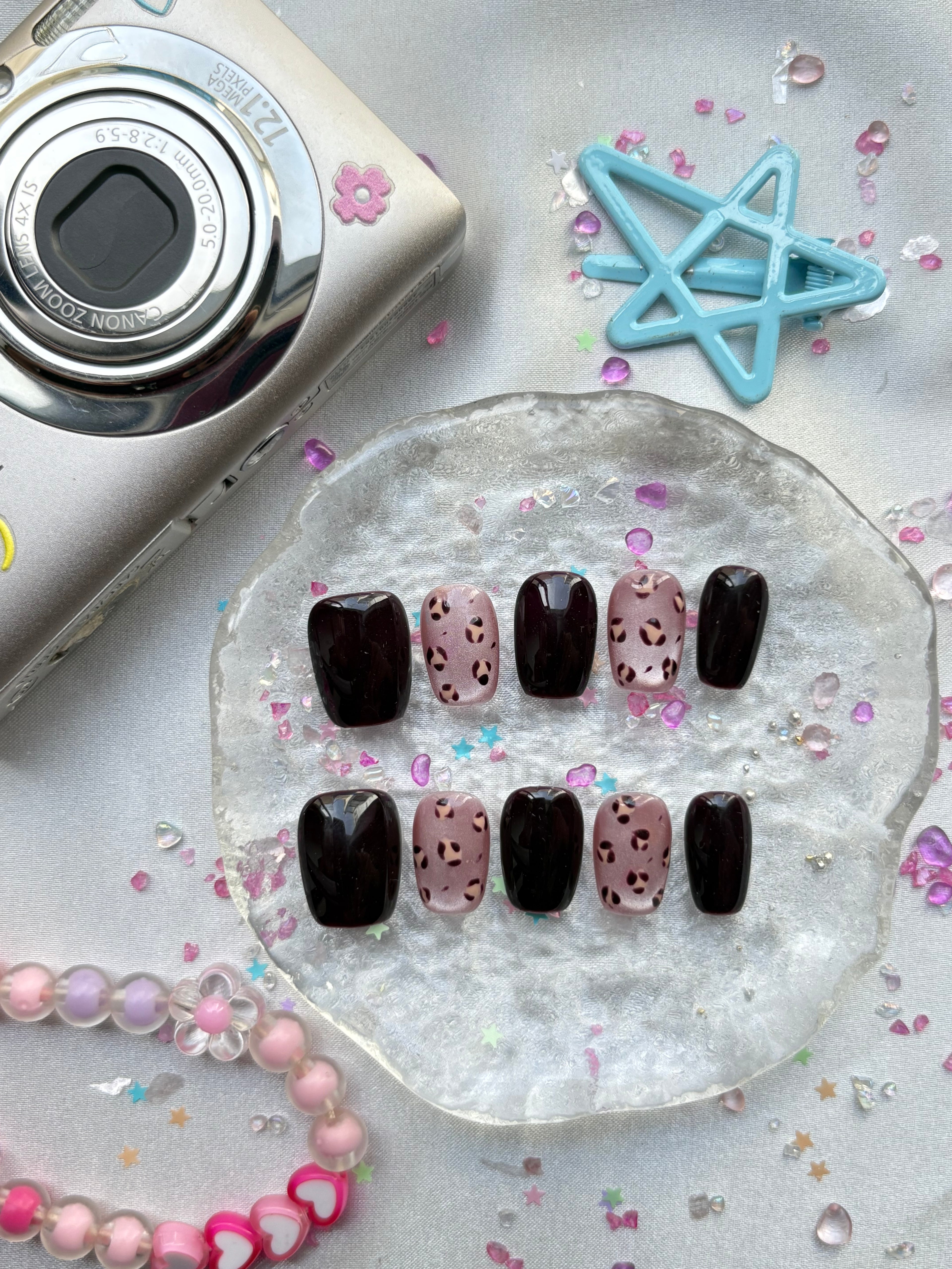 Custom Leopard Press-On Nails – Black & Brown Jelly, Short Square
