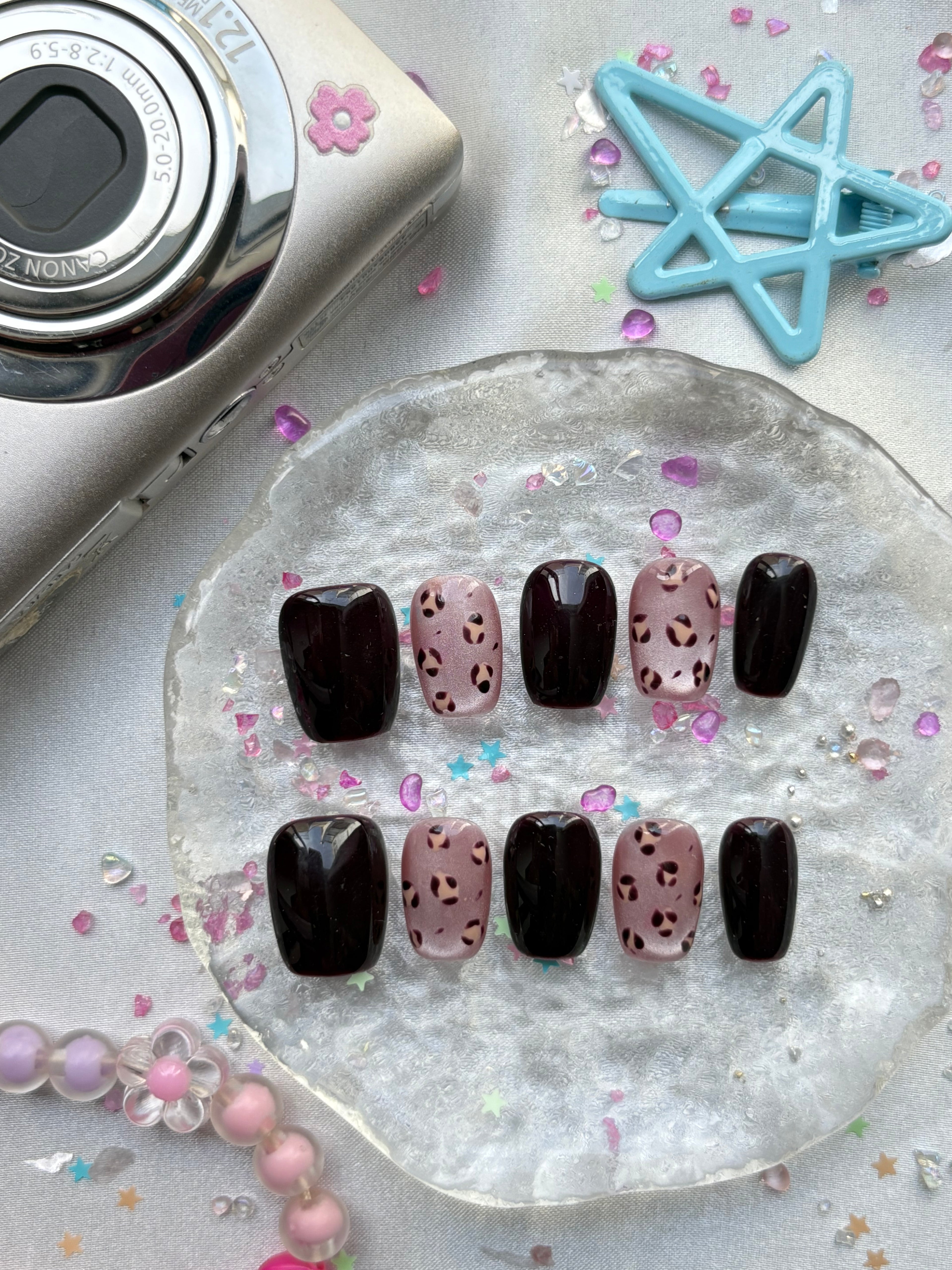 Custom Leopard Press-On Nails – Black & Brown Jelly, Short Square