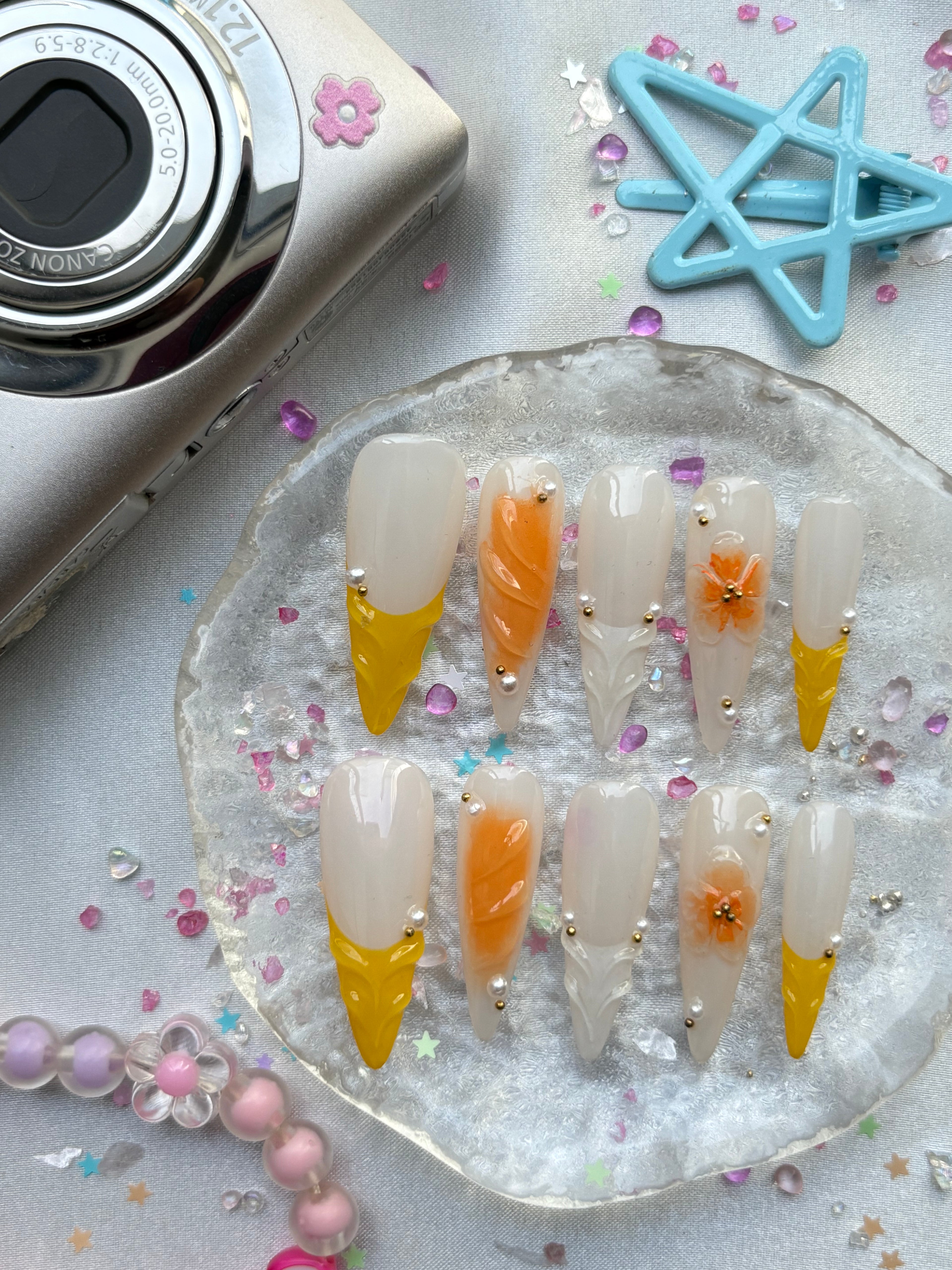 Personalized Press On Nails | Yellow and Orange Nails | 3D Flower Nails | Pearl Charm Nails | Long Stiletto Summer Luxury Nail Set