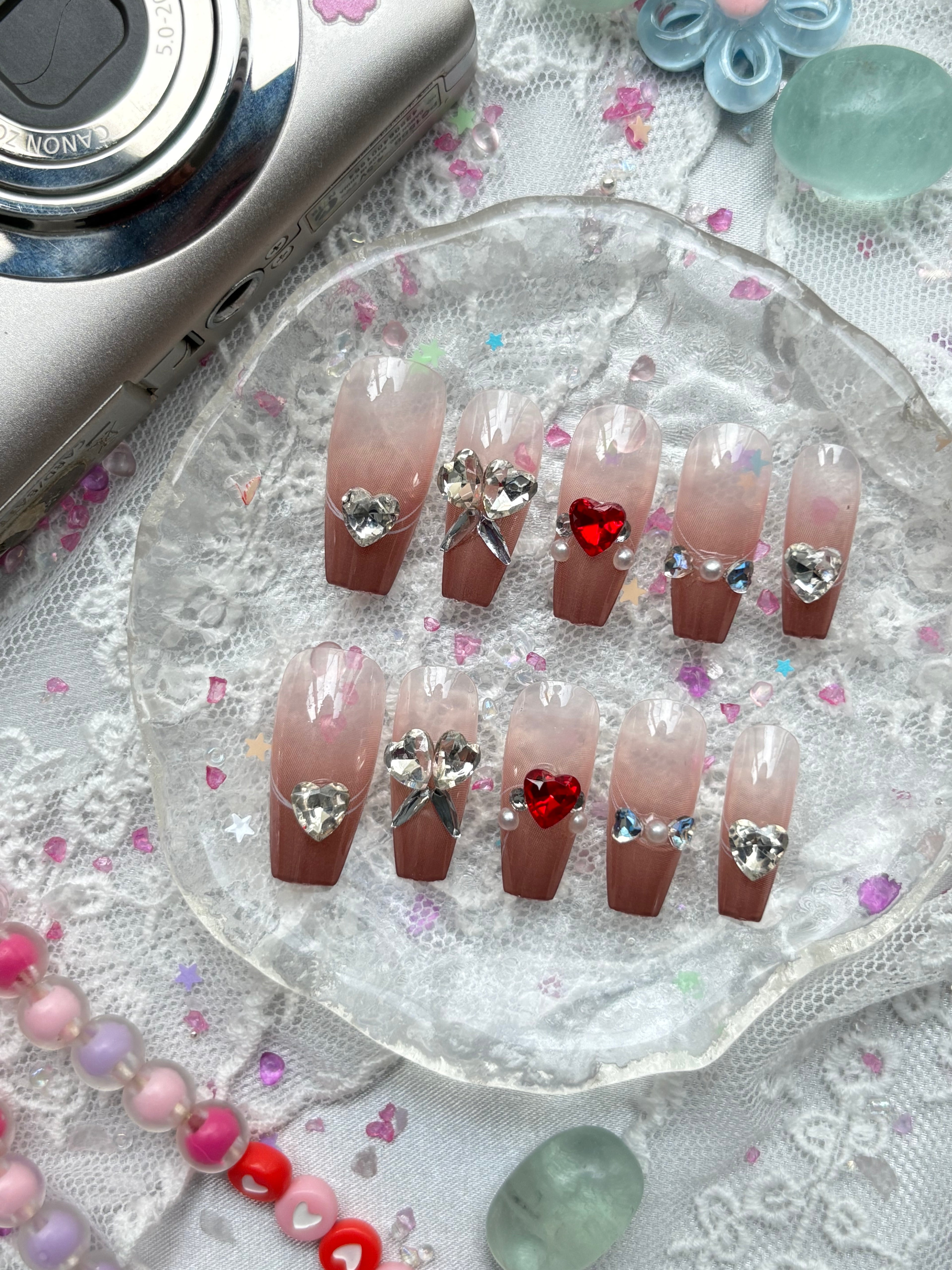 Custom Ombre Press-On Nails – Brown Jelly to Nude with Red Hearts & Pearls